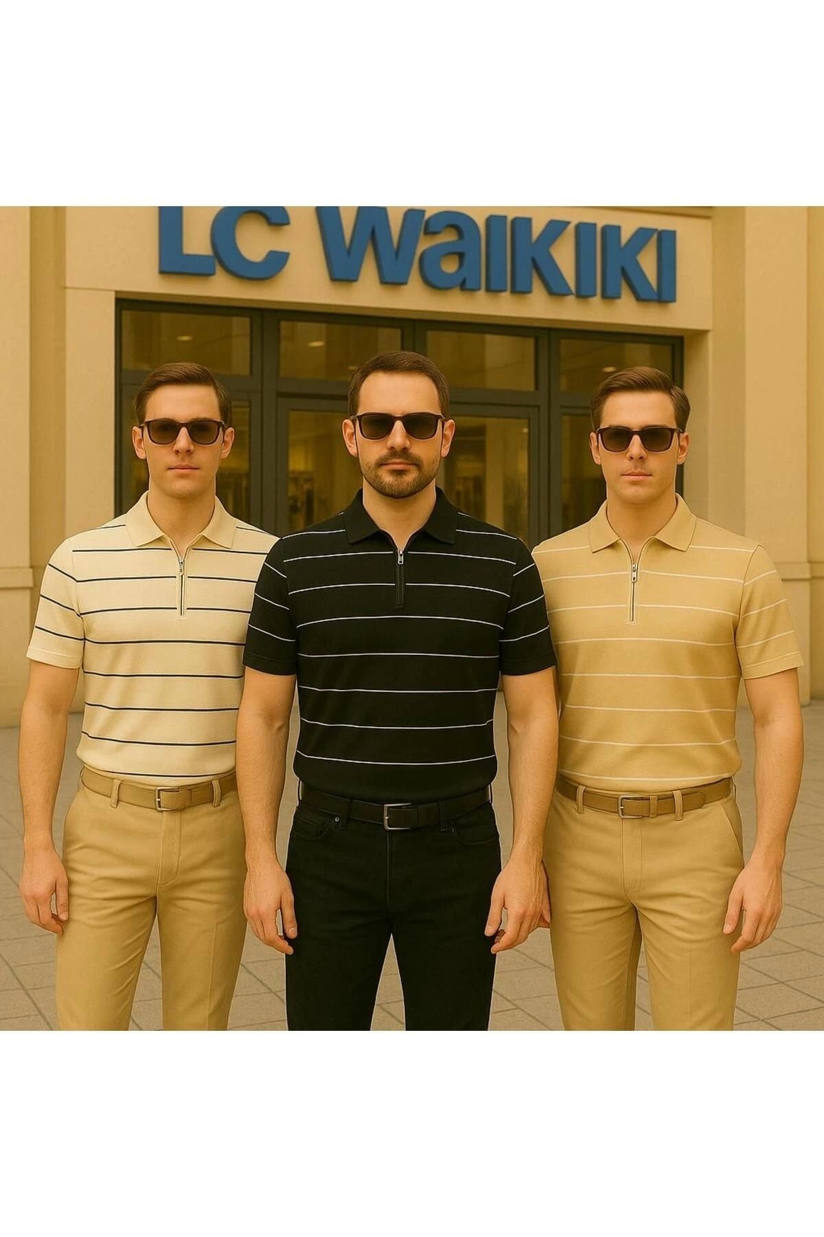 LC Waikiki 3'lü Avantajlı Paket Polo Yaka Fermuarlı Çizgili Kısa Kollu Erkek Yazlık Triko Tişört / T-shirt