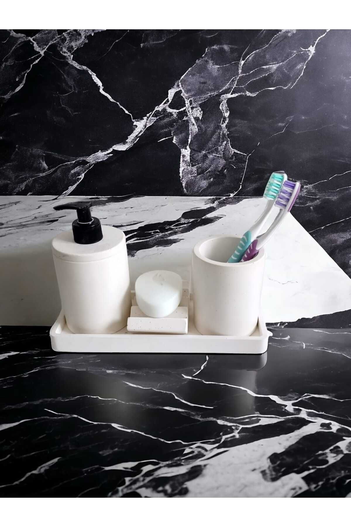 Trust Stone 4'lü Kırık Beyaz Banyo Seti , Sıvı Sabunluk Diş Fırçalığı Beton Aksesuar Takım