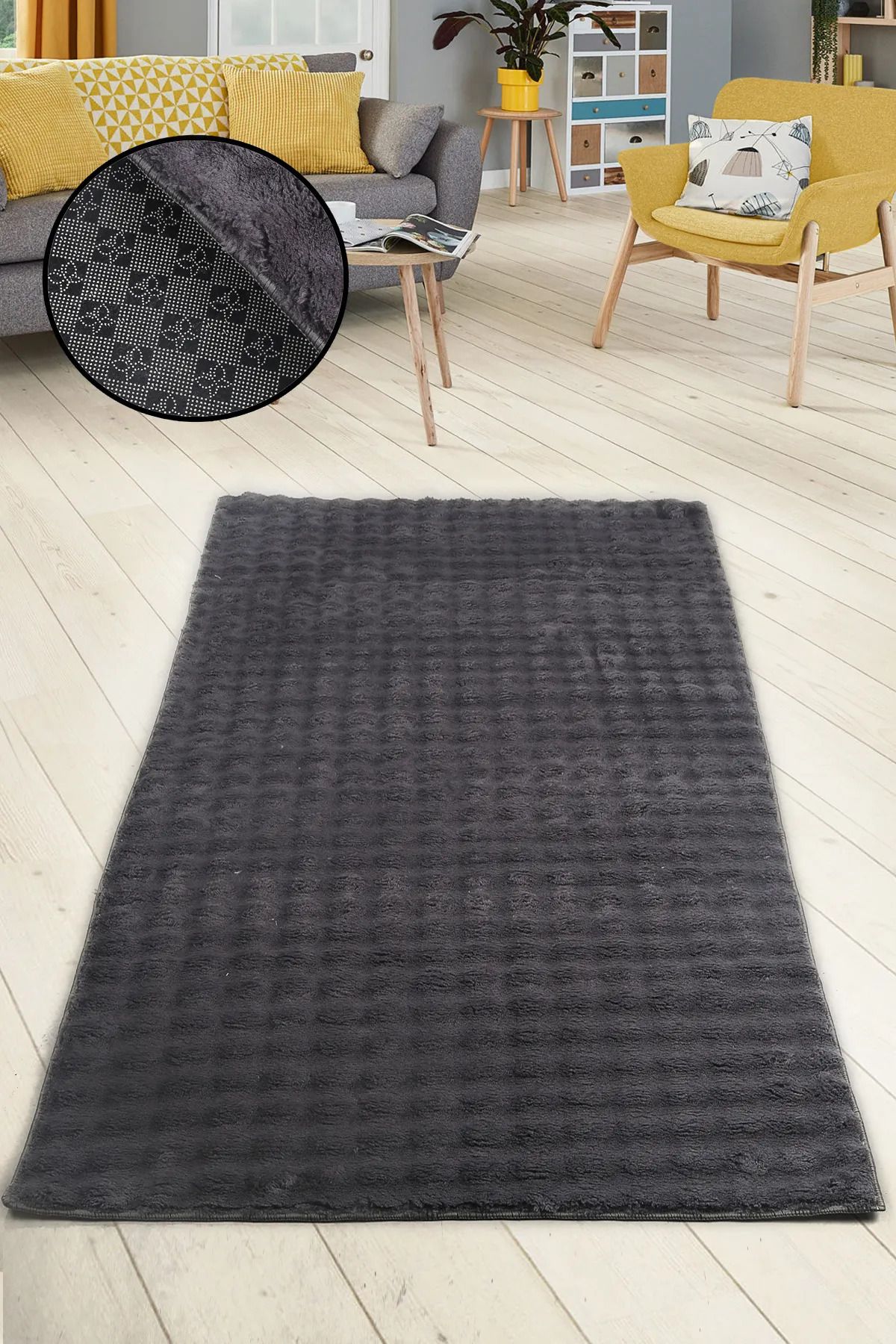 SerenitaHome Post/Peluş Kaymaz Taban Yıkanabilir Bubble Serisi Sacaksız Antrasit Salon Koridor Mutfak Halısı