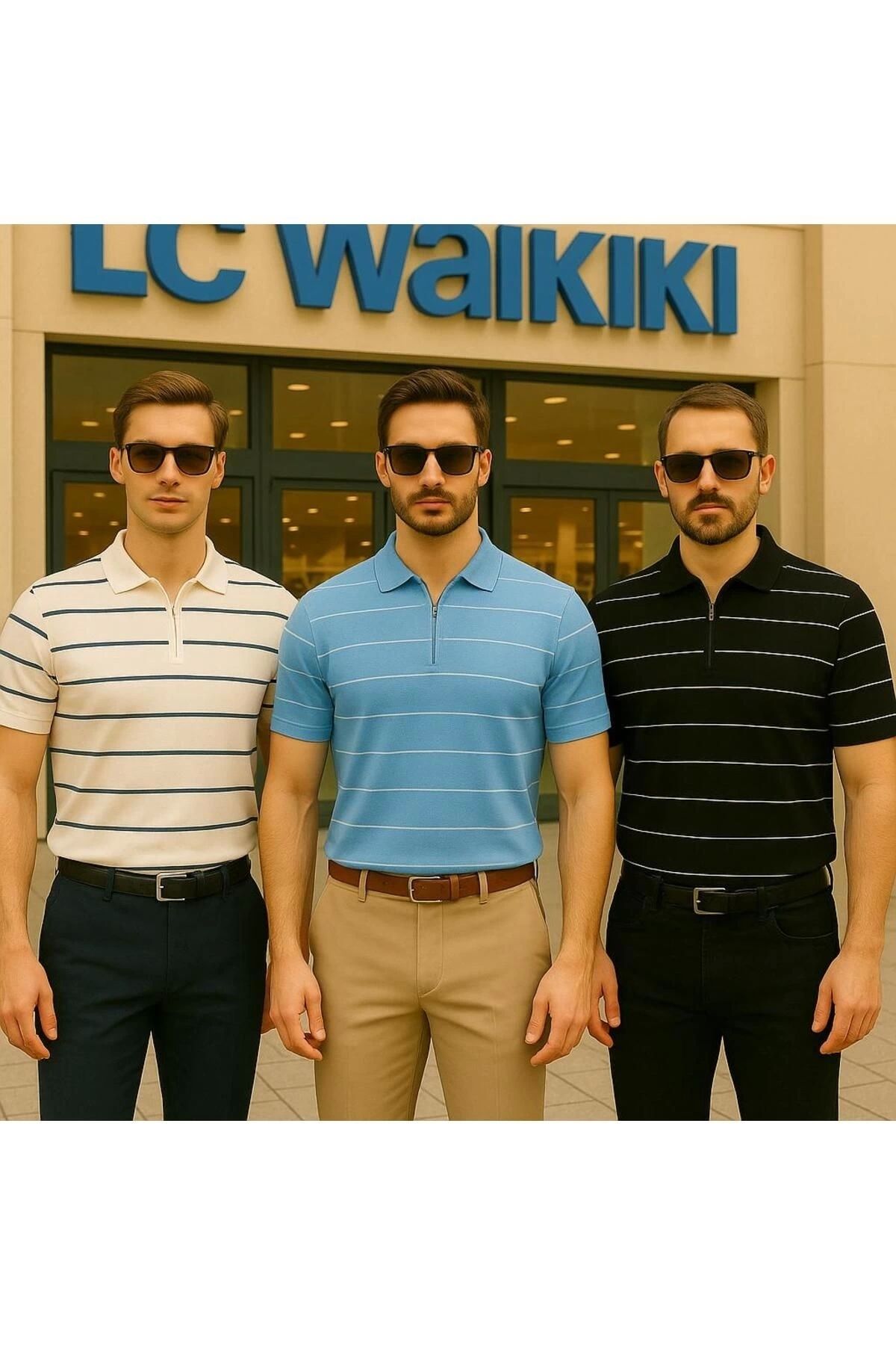 LC Waikiki 3'lü Avantajlı Paket Polo Yaka Fermuarlı Çizgili Kısa Kollu Erkek Yazlık Triko Tişört / T-shirt