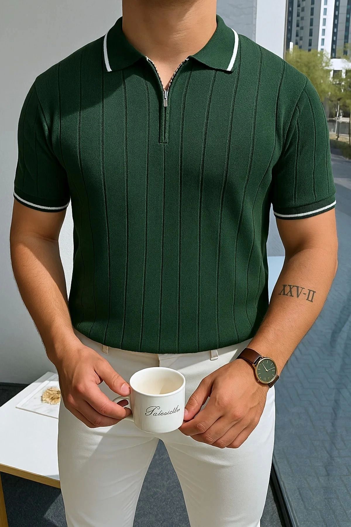 LC Waikiki Siyah Polo Yaka Fermuarlı Kısa Kollu Erkek Yazlık Nefes Alabilen Triko Tişört