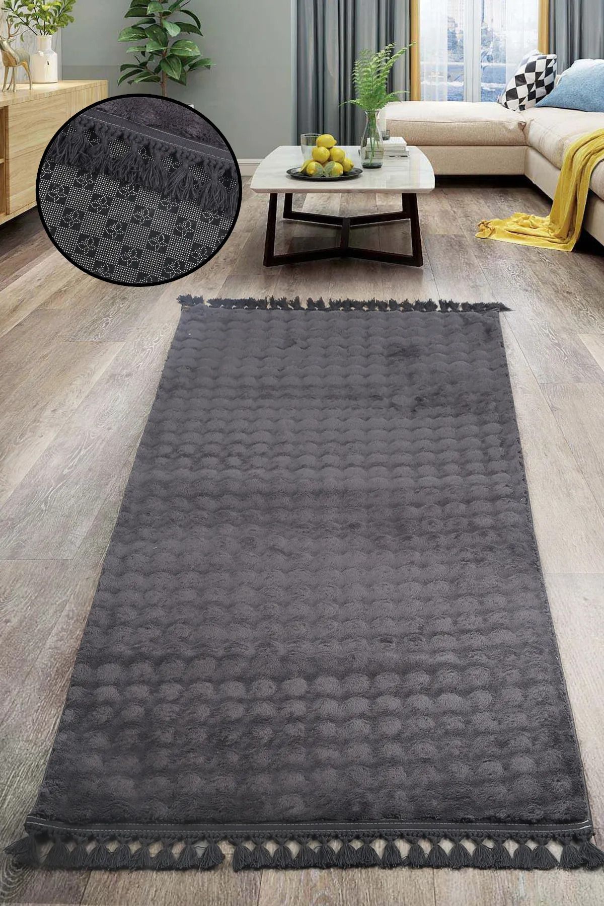 SerenitaHome Post/Peluş Kaymaz Taban Yıkanabilir Bubble Serisi Antrasit Salon Oturma Odası Mutfak Halısı