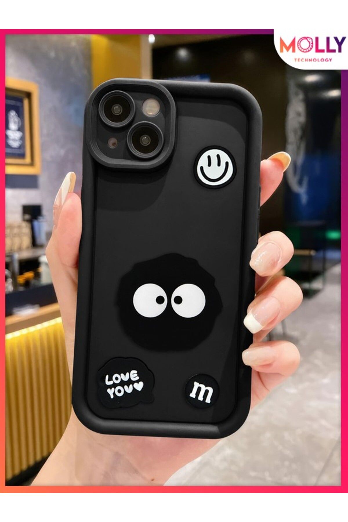 Molly iPhone 14 İçin Siyah Kenarları Kalın 3d Kabartmalı Cute Doodle Silikon Kılıf