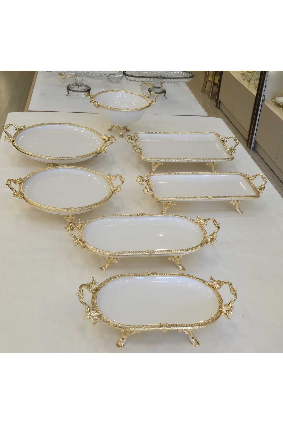 AlyaHomeAksesuar 7 Parça Gold Renk Metal Çerçeveli Porselen Servis Tabağı Seti