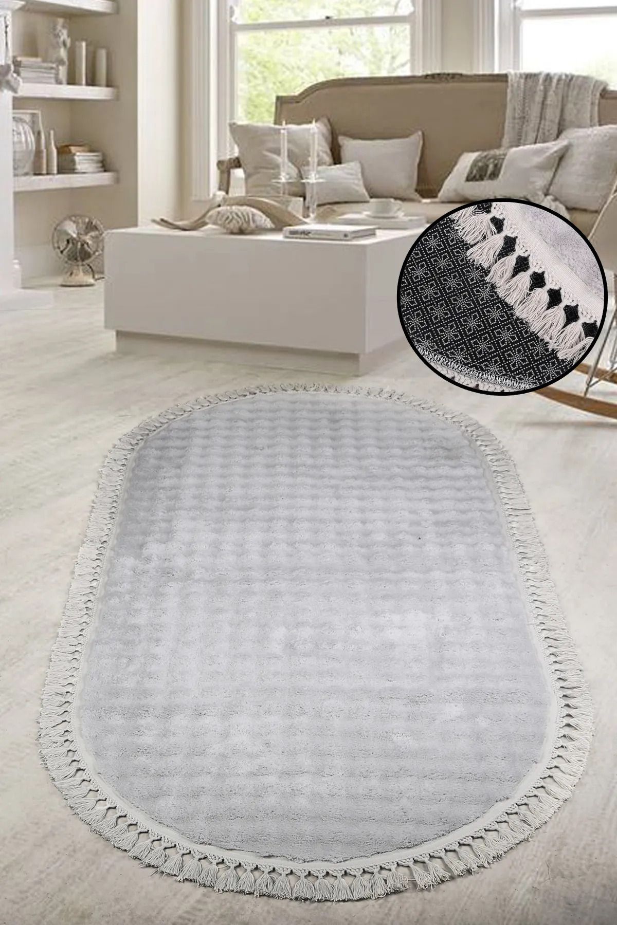 SerenitaHome Post/Peluş Kaymaz Taban Yıkanabilir Bubble Serisi Oval Gri Salon Oturma Odası Mutfak Halısı