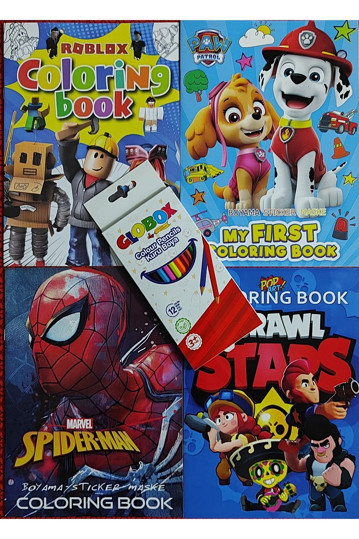 ada çanta kırtasiye 4 adet stickerli boyama kitabı 12 li kuru boya kalemi hediyeli (Brawlstars/ppatrol/örmck/roblox)X17