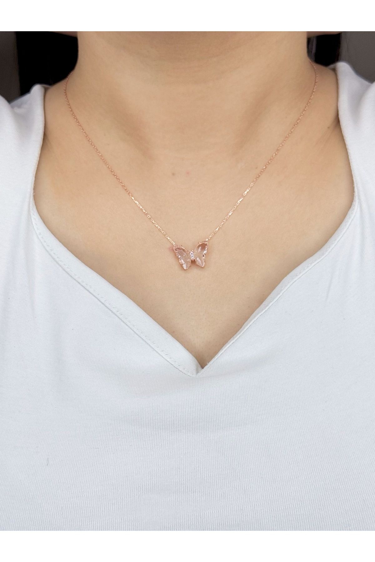 Azra Silver&Aksesuar 925 Ayar Pembe Taşlı Kelebek Zincirli Gümüş Kolye