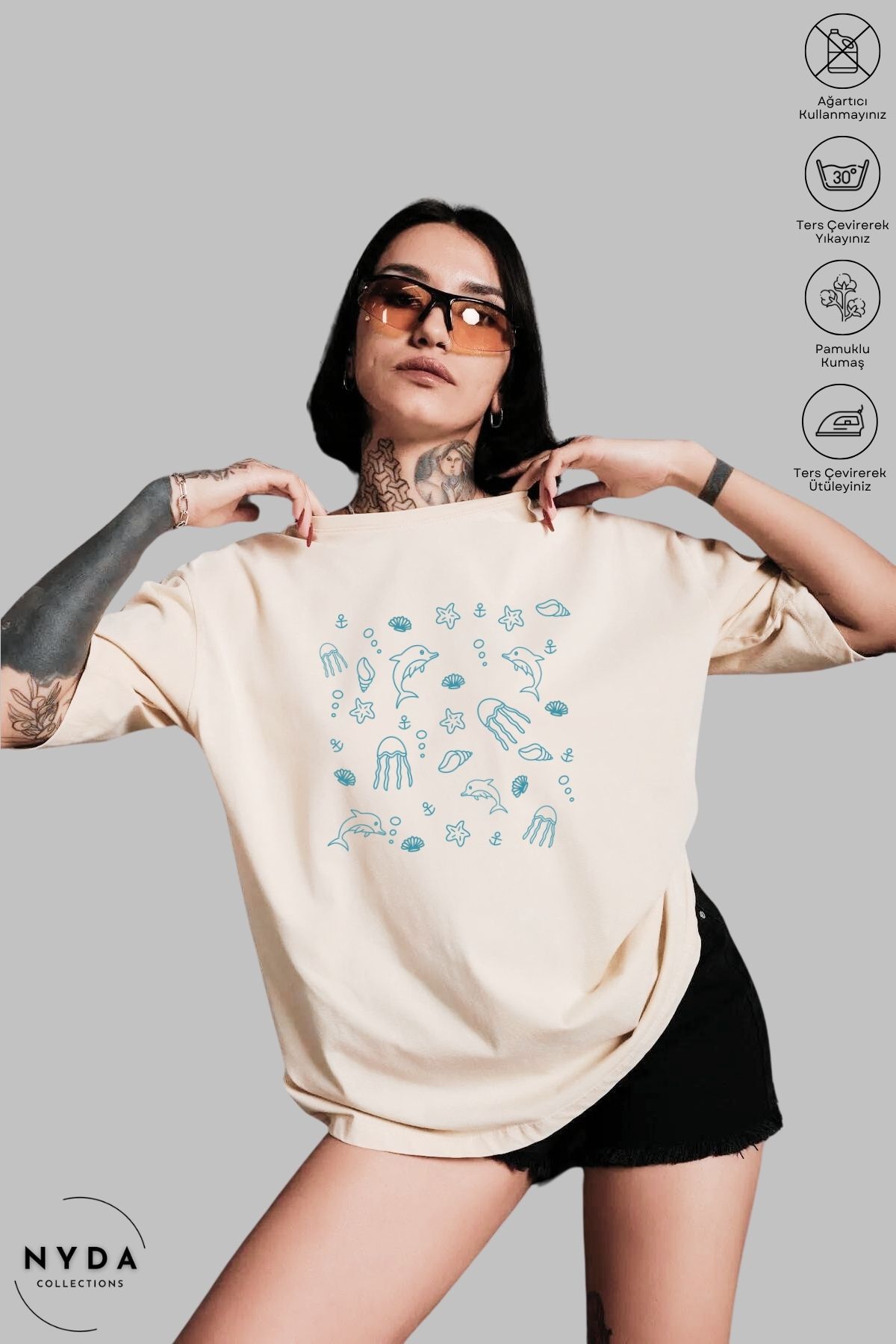 Nyda Collections Kadın Bisiklet Yaka Deniz Canlıları Baskılı Pamuk Oversize Kısa Kollu Tişört