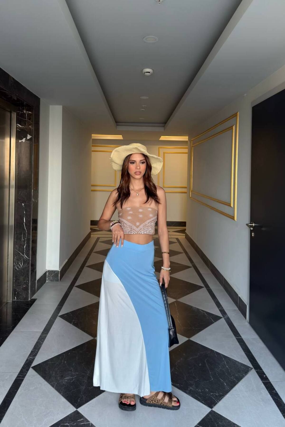 YONEZ MODA Kadın İki Tonlu Modern Sendy Kumaş Maxi Etek