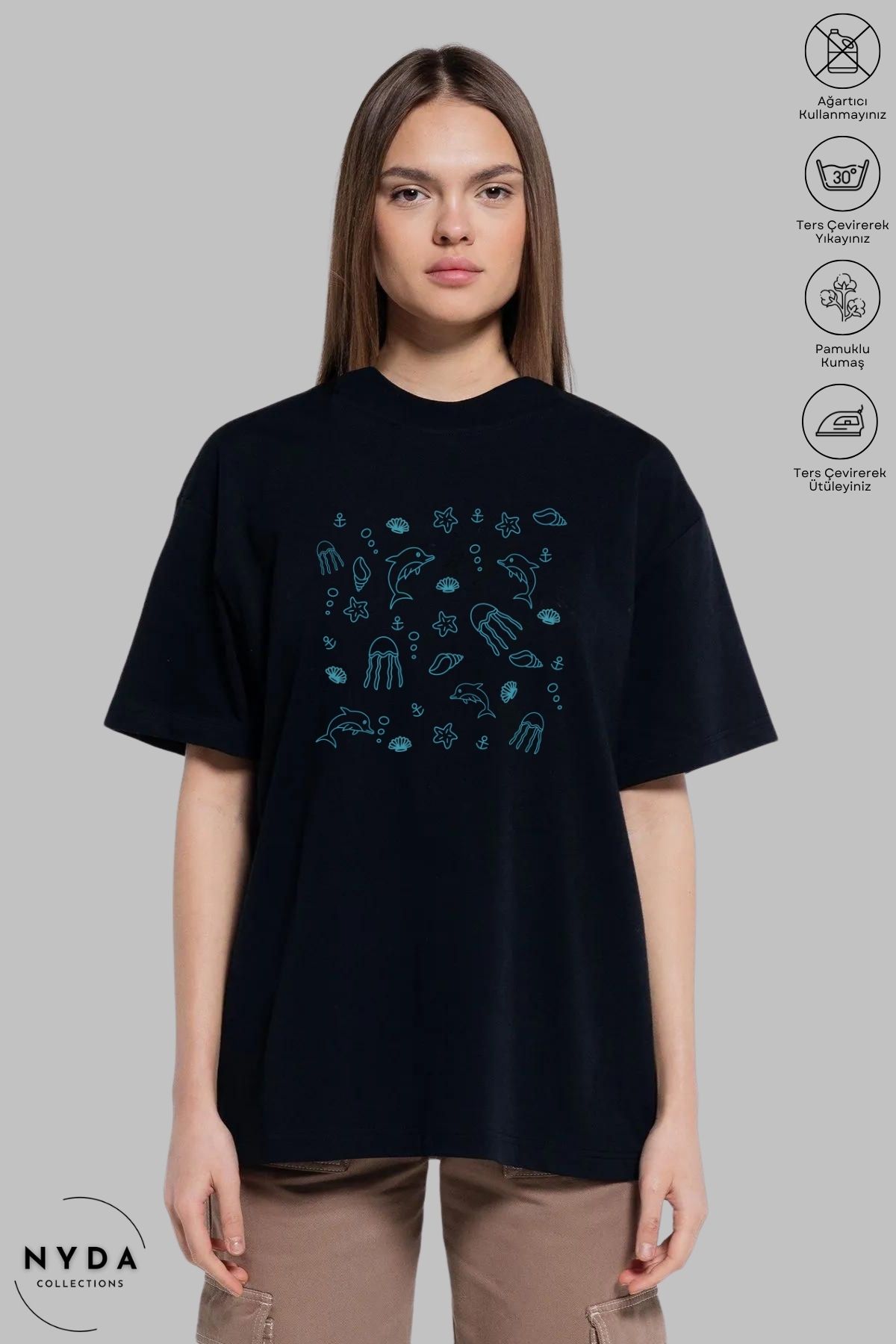 Nyda Collections Kadın Bisiklet Yaka Deniz Canlıları Baskılı Pamuk Oversize Kısa Kollu Tişört