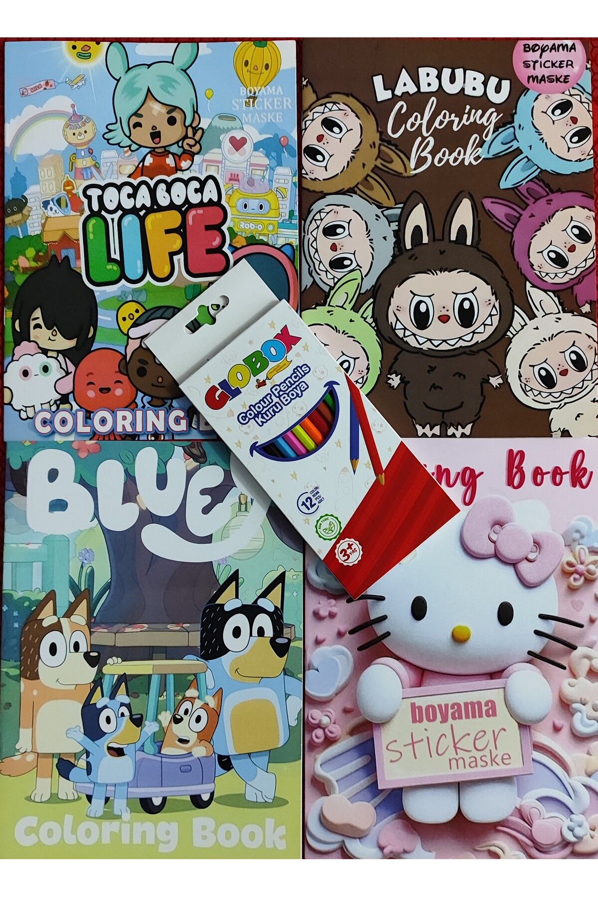 ada çanta kırtasiye 4 adet stickerli boyama kitabı 12 li kuru boya kalemi hediyeli (h.kitty/labubu/toca boca/Bluey )X04