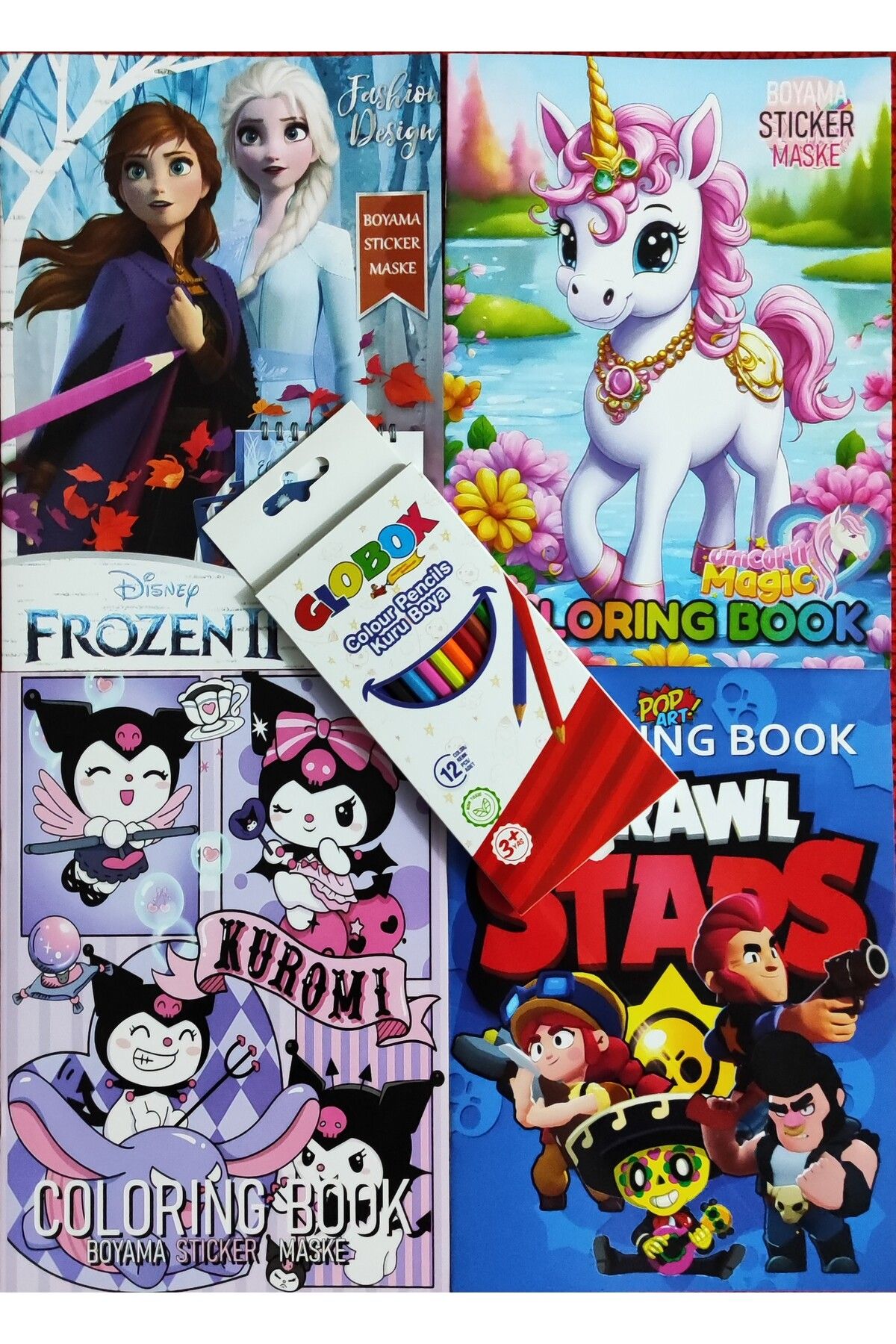 ada çanta kırtasiye 4 adet stickerli boyama kitabı 12 li kuru boya kalemi hediyeli (Brawlstars/unicorn/kuromi/frozen)X13