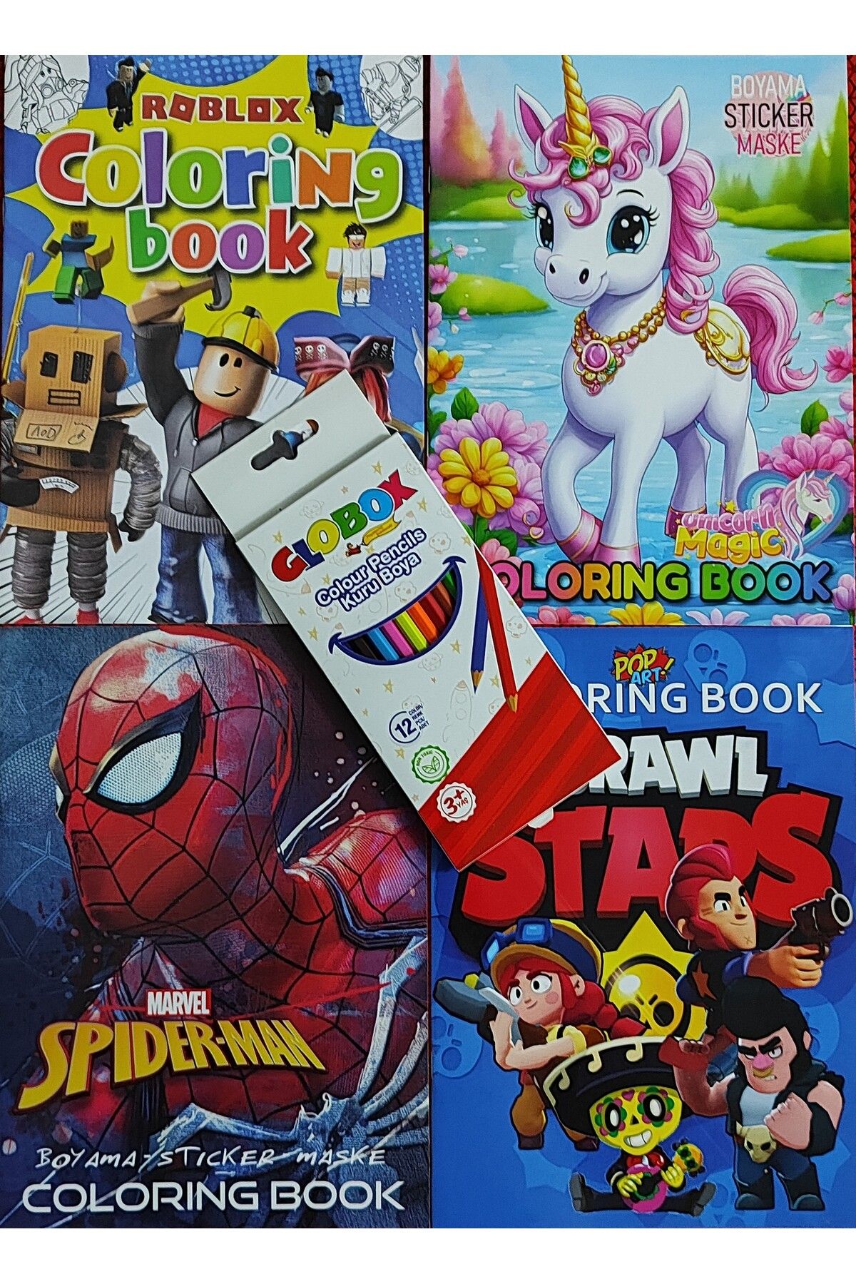 ada çanta kırtasiye 4 adet stickerli boyama kitabı 12 li kuru boya kalemi hediyeli (Brawlstars/unicorn/örmck/roblox)X16