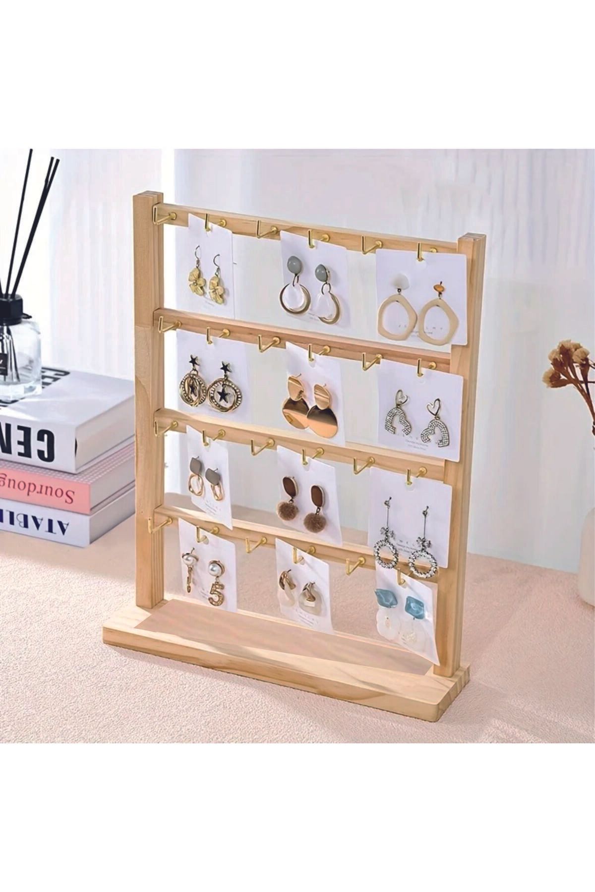 Tiydem Kolye Küpe Bileklik Bilezik Standı, Ahşap Takı Sergileme Standı, 4 Kademeli Kançalı Stand