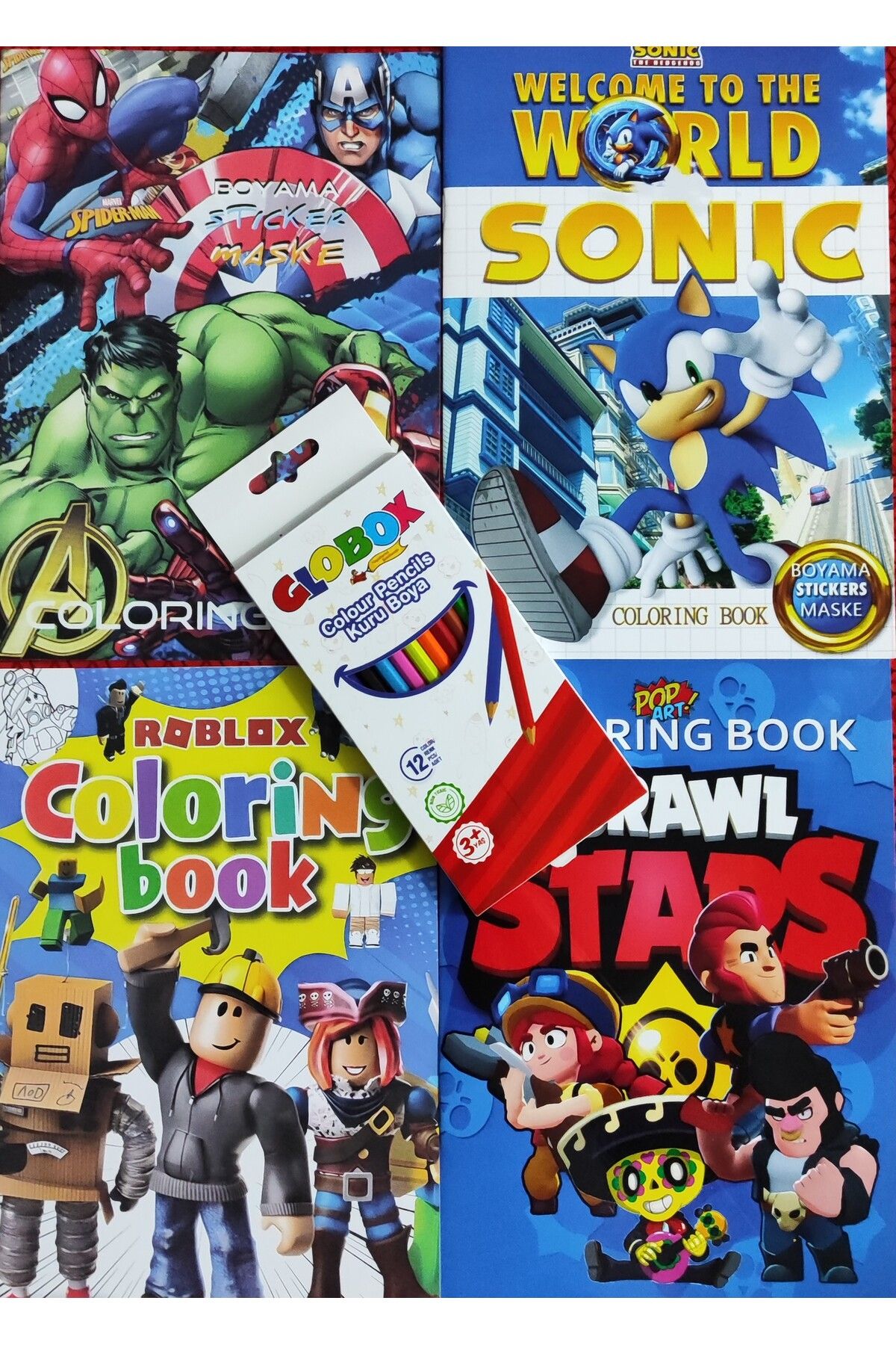 ada çanta kırtasiye 4 adet stickerli boyama kitabı 12 li kuru boya kalemi hediyeli (Brawlstars/roblox/s.kahrm./sonic)X11