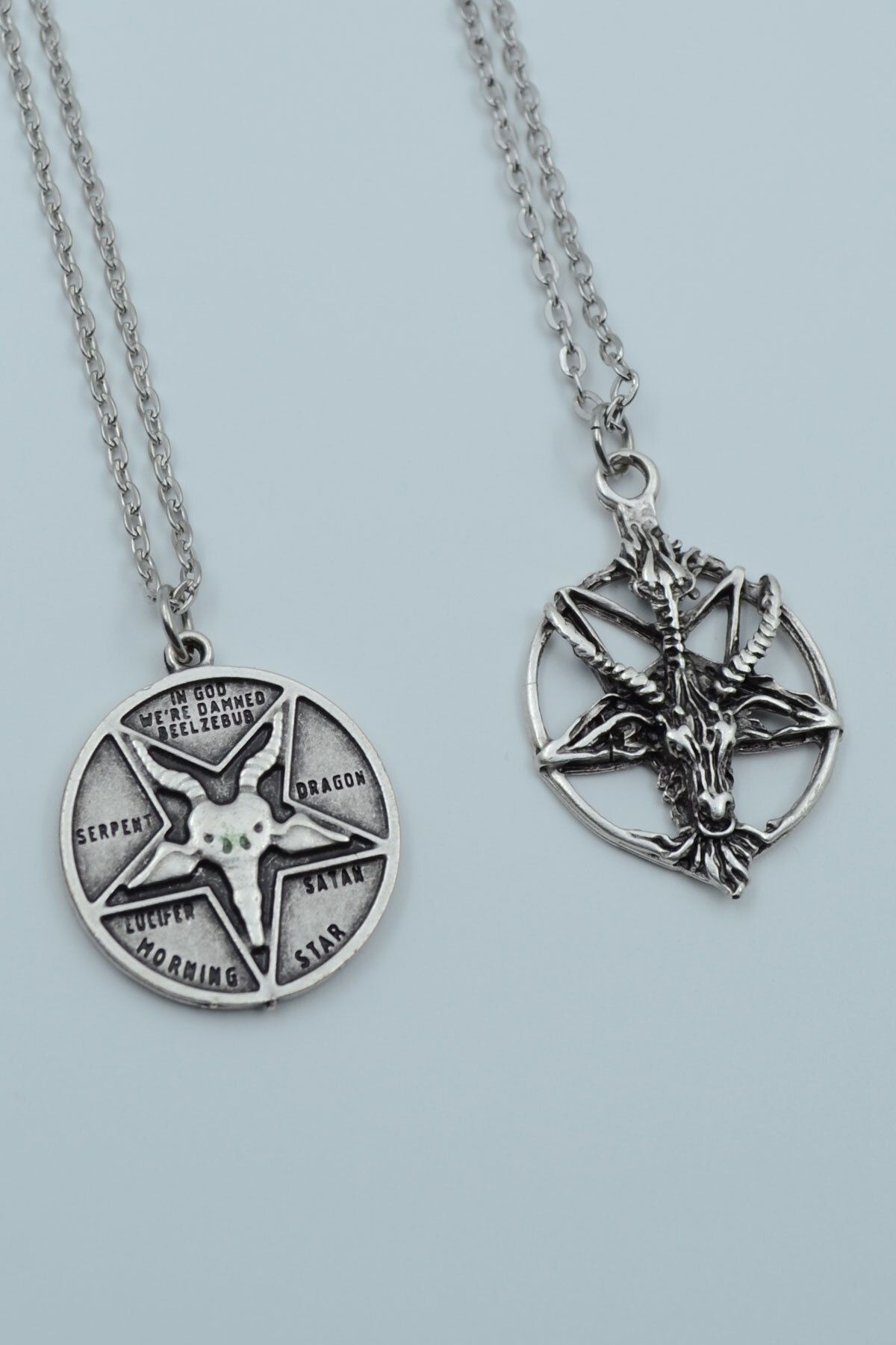 ıdr 2'li Lucifer Morning Star Ters Pentagram Keçi Kafası Gümüş Kaplama Kolye Seti
