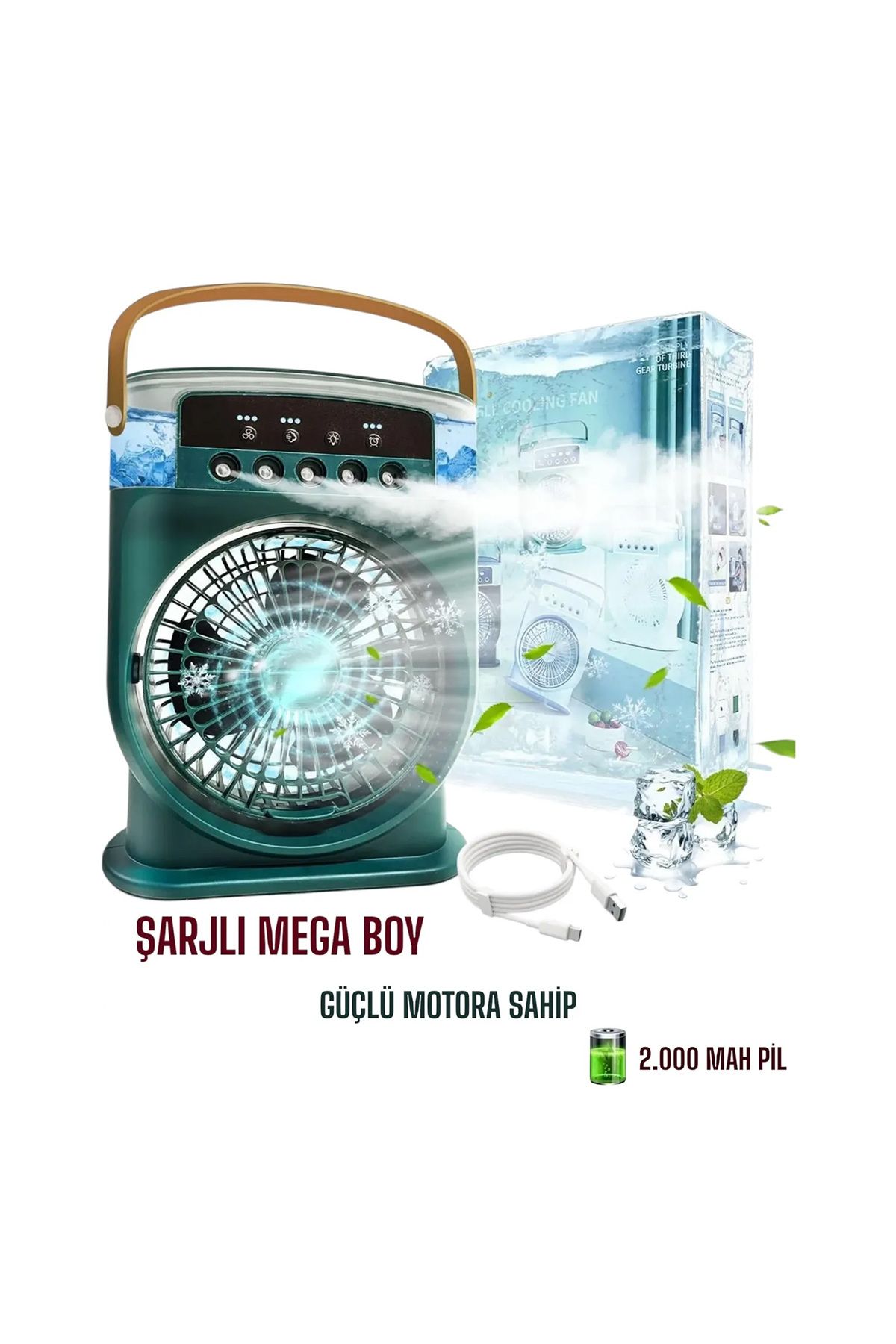 Merwish Işıklı 600ml 5 Spreyli Vantilatör Büyük Boy Şarjlı Buzlu Buharlı Mini Klima Mini Fan