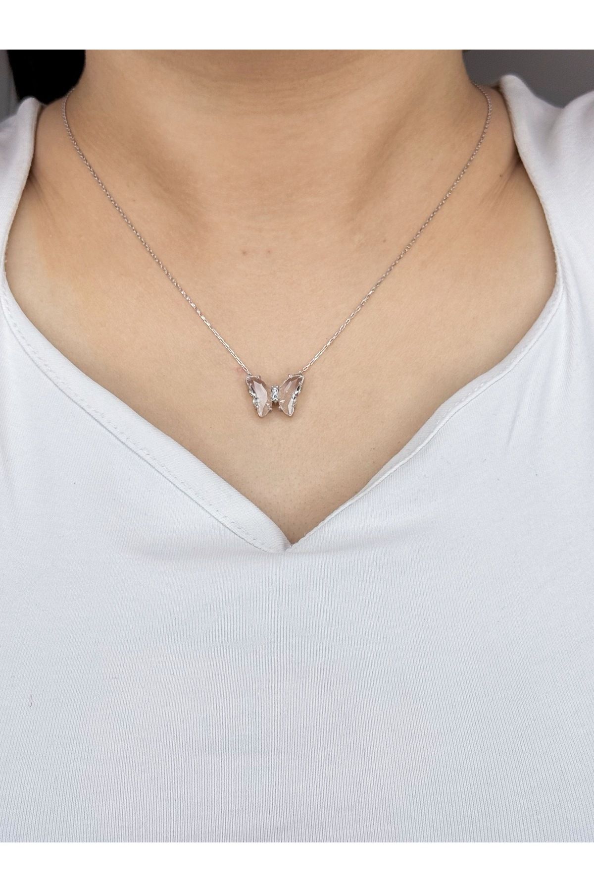 Azra Silver&Aksesuar 925 Ayar Pembe Taşlı Kelebek Gümüş Kolye