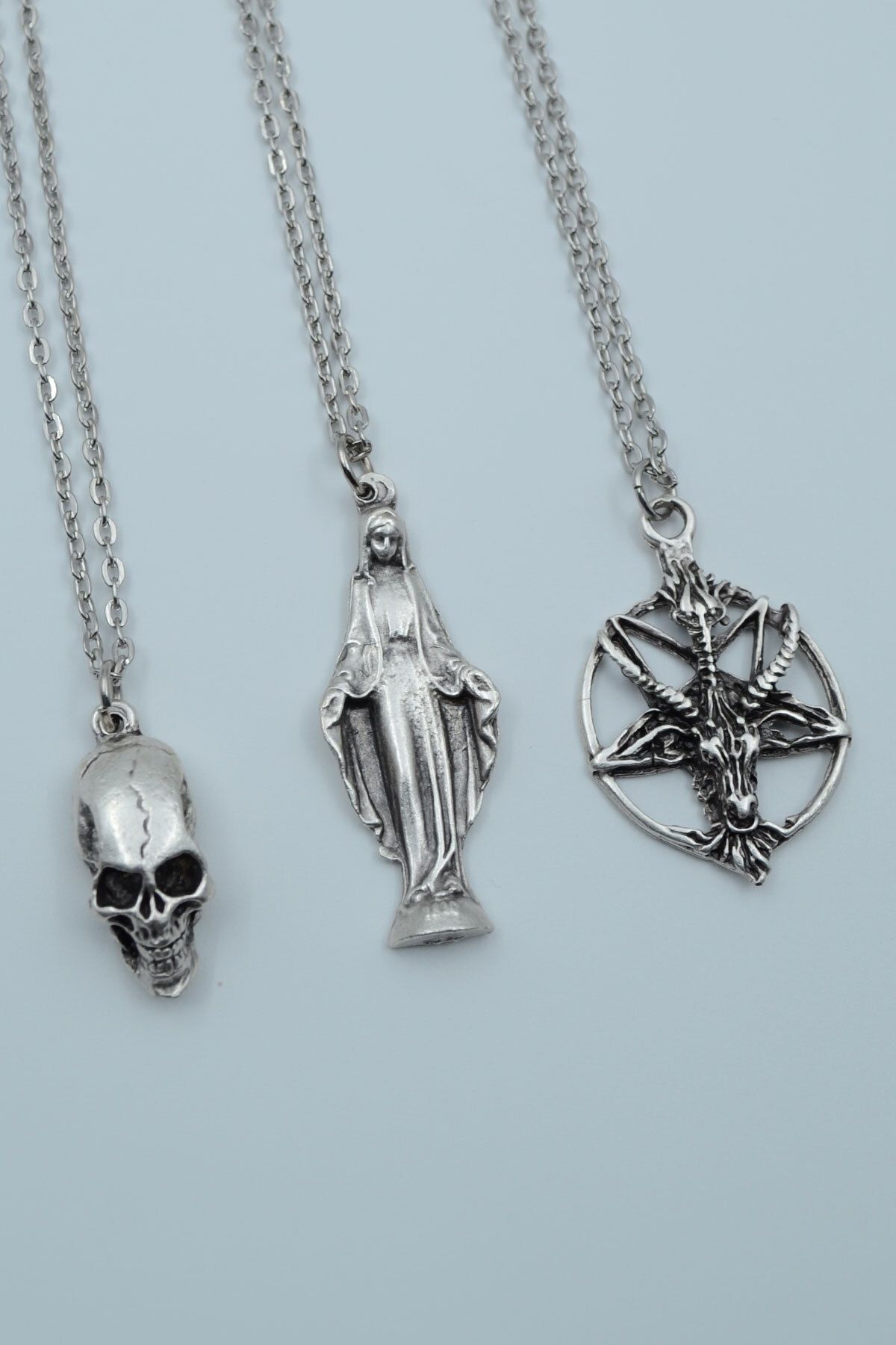 ıdr 3'lü Kuru Kafa Meryem Ana Ters Keçi Baphomet Gümüş Kaplama Kolye Seti