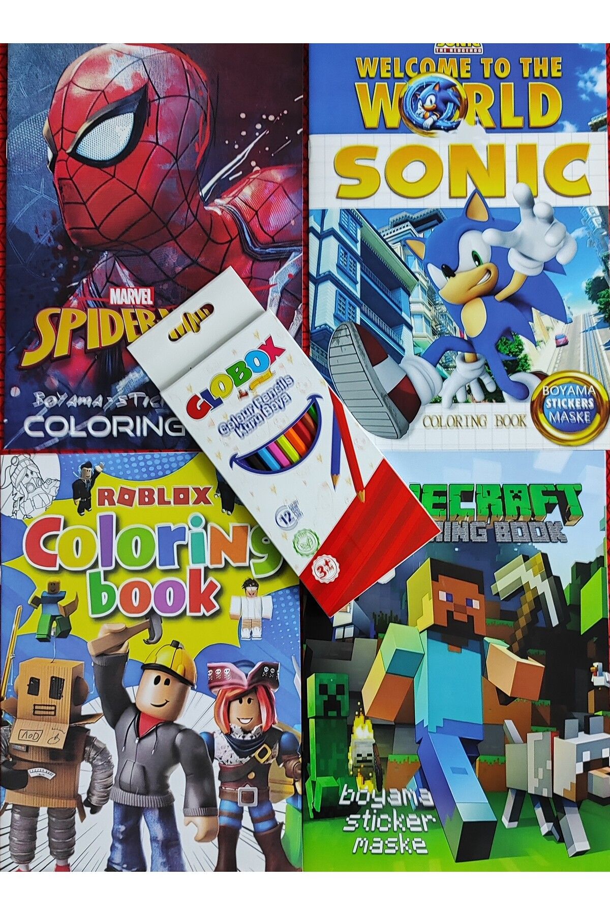 ada çanta kırtasiye 4 adet stickerli boyama kitabı 12 li kuru boya kalemi hediyeli (örümcek ad./roblox/mcraft/sonic)X10
