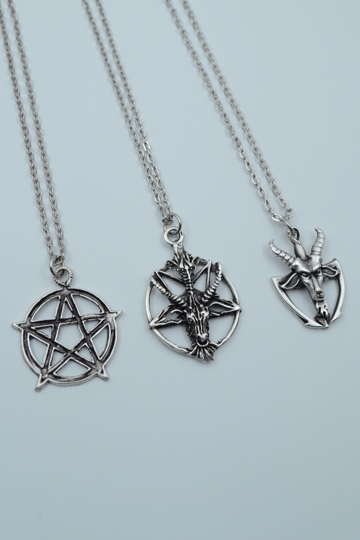 ıdr 3'lüPentagram Pagan - Keçi Şeytan Gümüş Kaplama Kolye Seti