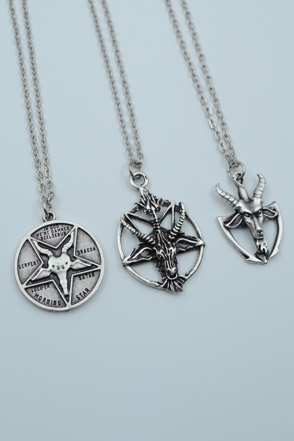 ıdr 3'lü Lucifer Morning Star Pentagram Pagan Keçi Şeytan Gümüş Kaplama Kolye Seti