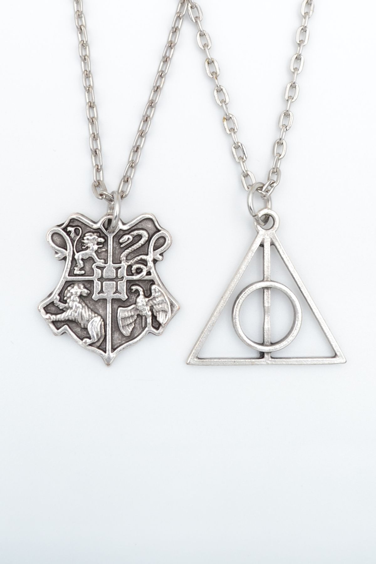 ıdr 2'li Harry Potter Ölüm Yadigarları Üçgen - Hogwarts Gümüş Kaplama Kolye Seti