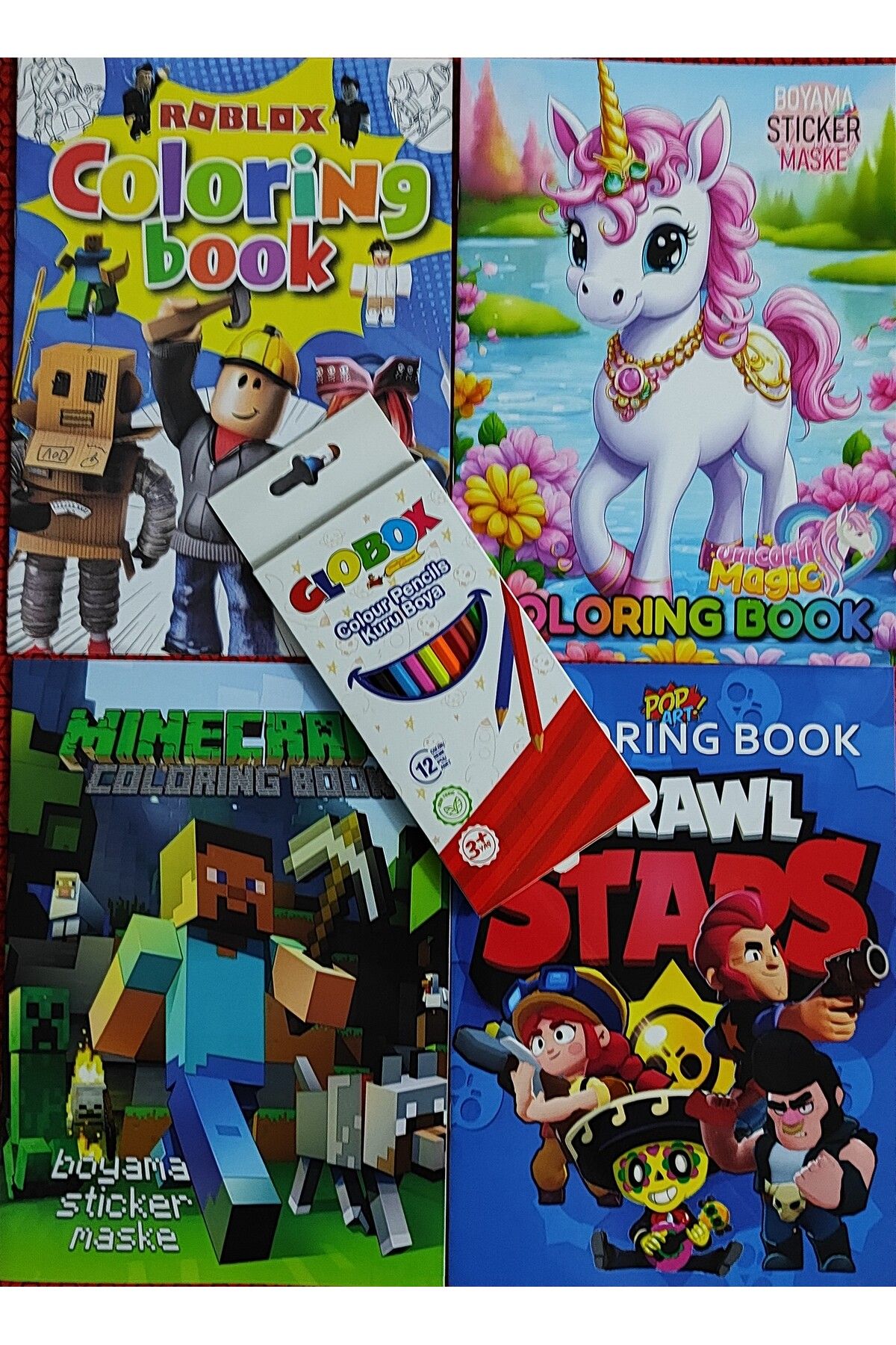 ada çanta kırtasiye 4 adet stickerli boyama kitabı 12 li kuru boya kalemi hediyeli (Brawlstars/unicorn/mcraft/roblox)X15