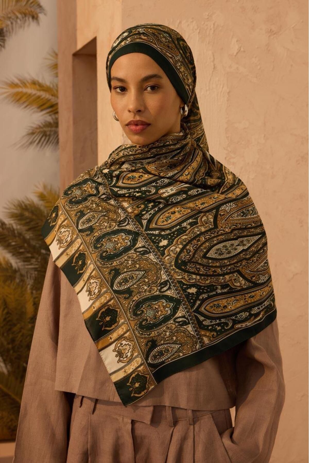 ALYOSHA FASHION Desenli Etnik Şal Koyu Yeşil - Camel