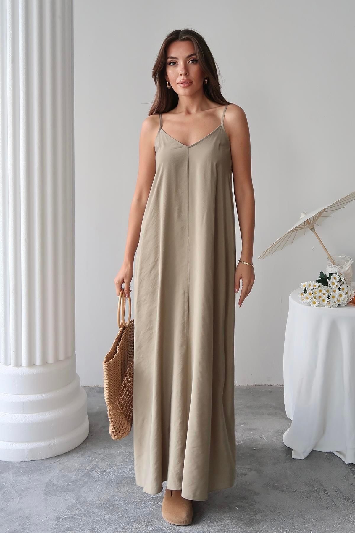 Moda cameo Mohinto İp Askılı Modal Kumaş Elbise Zeytin Yeşili
