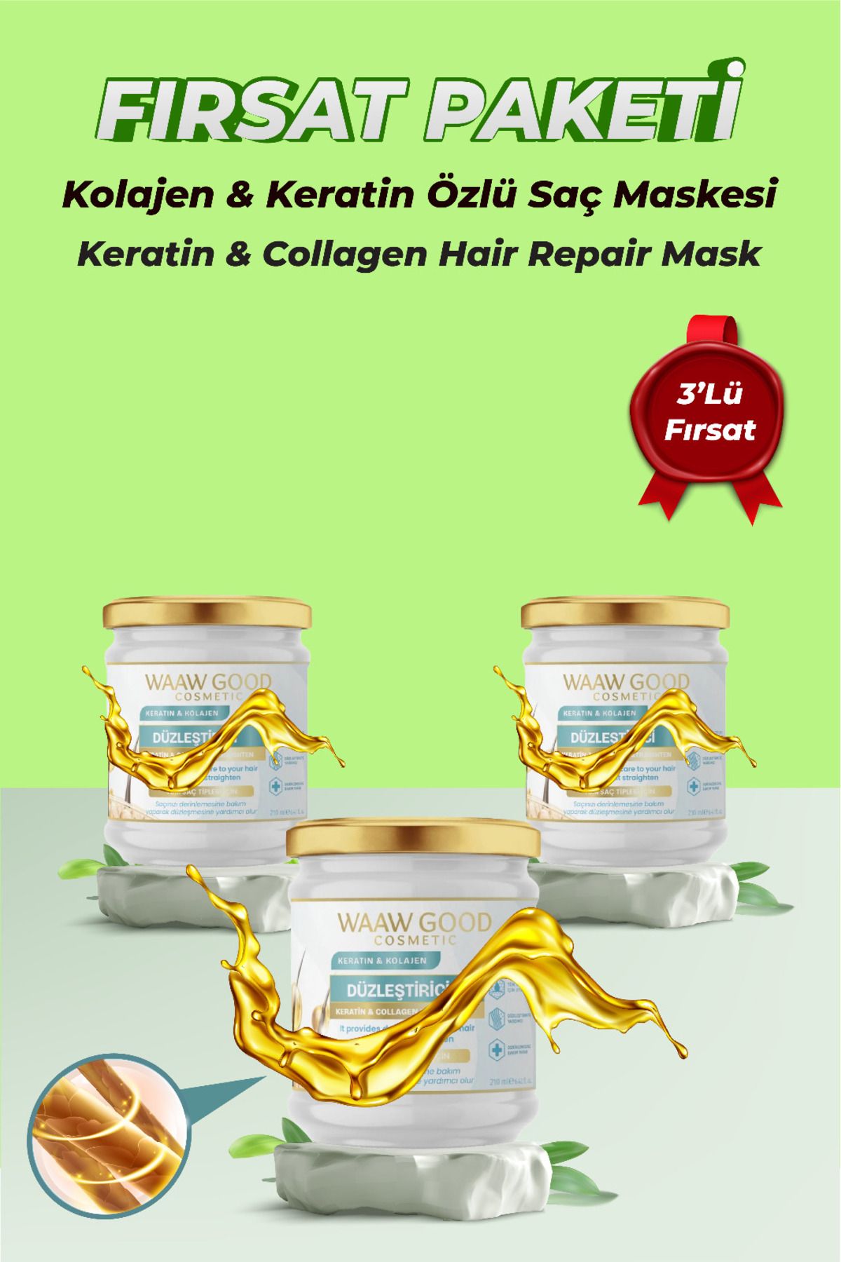 WAAW GOOD Düzleştirici Güçlendirici Onarıcı Kolajen&Keratin Saç Bakımı 210 ML Üçlü Fırsat Paketi