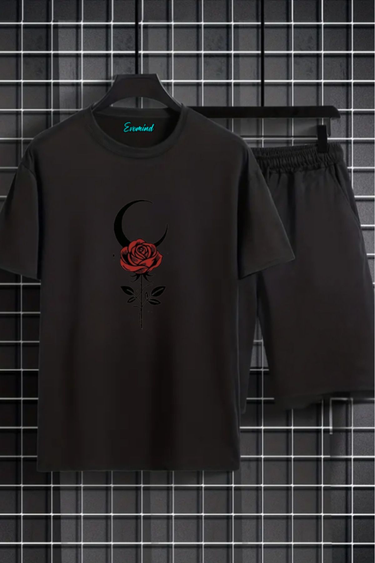 artı4 Gül ve Ay Baskılı Unisex Şort T-shirt Takım