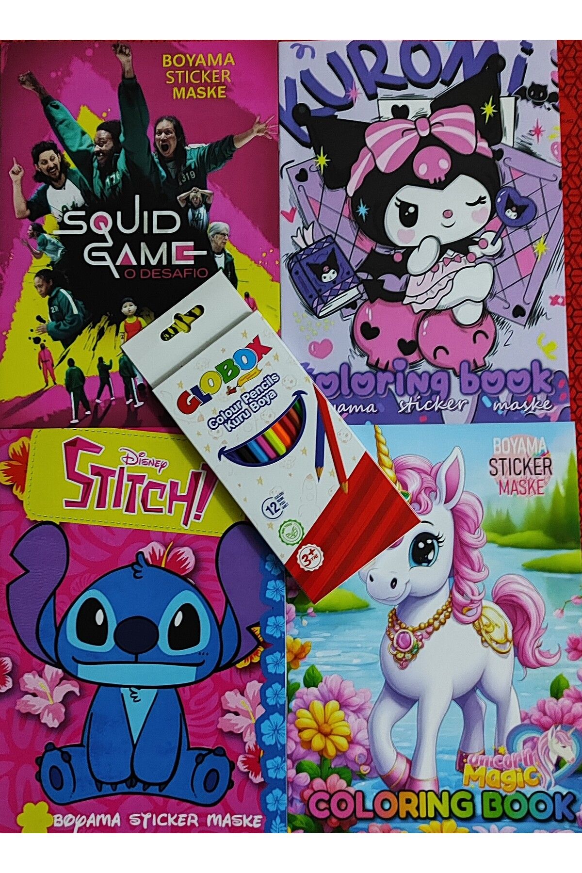 ada çanta kırtasiye 4 adet stickerli boyama kitabı 12 li kuru boya kalemi hediyeli (unicorn/stitch/squidgame/kuromi)X19
