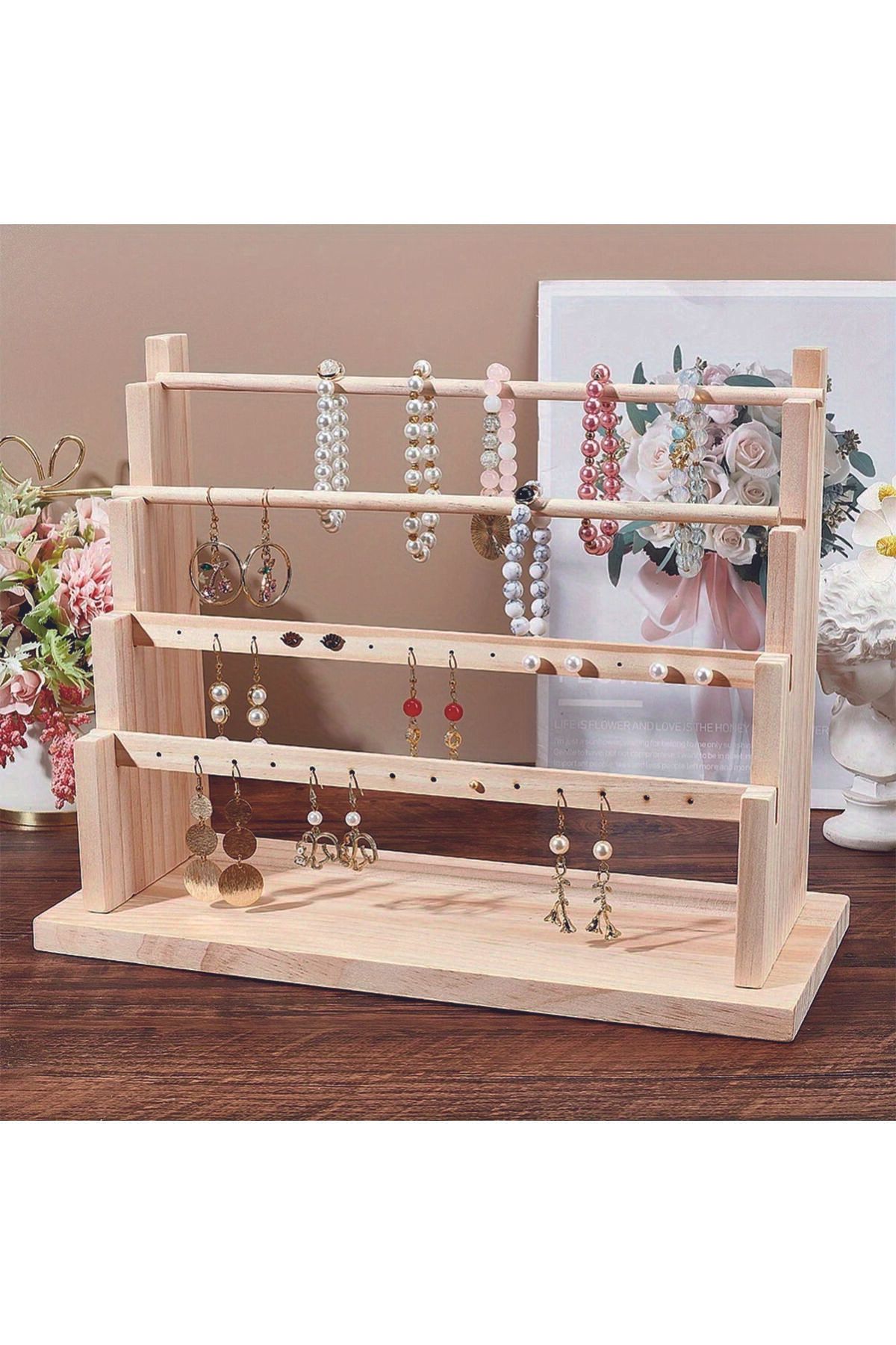 Tiydem Kolye Küpe Bileklik Bilezik Standı, Ahşap Takı Sergileme Standı, 4 Kademeli Takı Stand