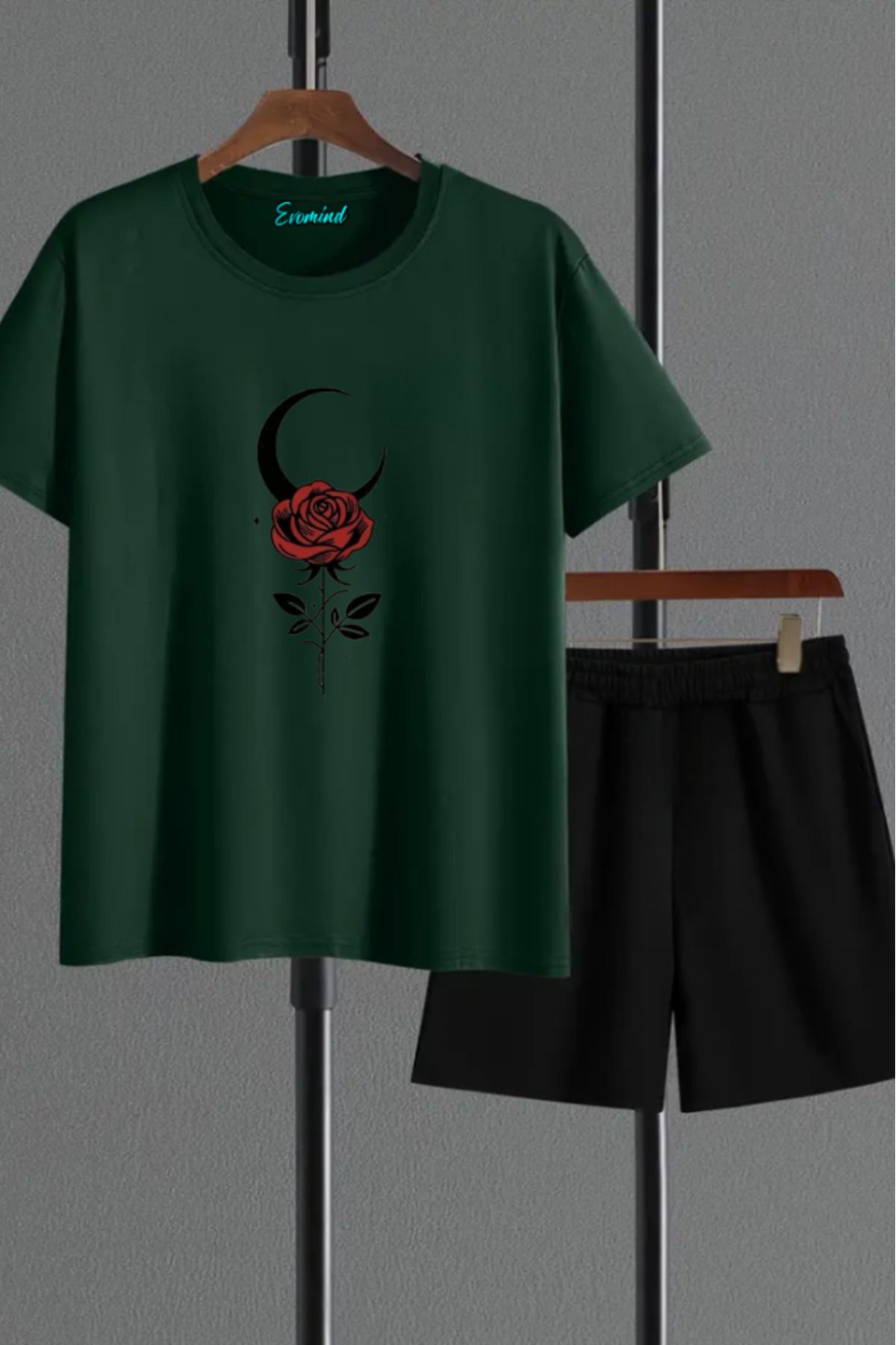 artı4 Gül ve Ay Baskılı Unisex Şort T-shirt Takım