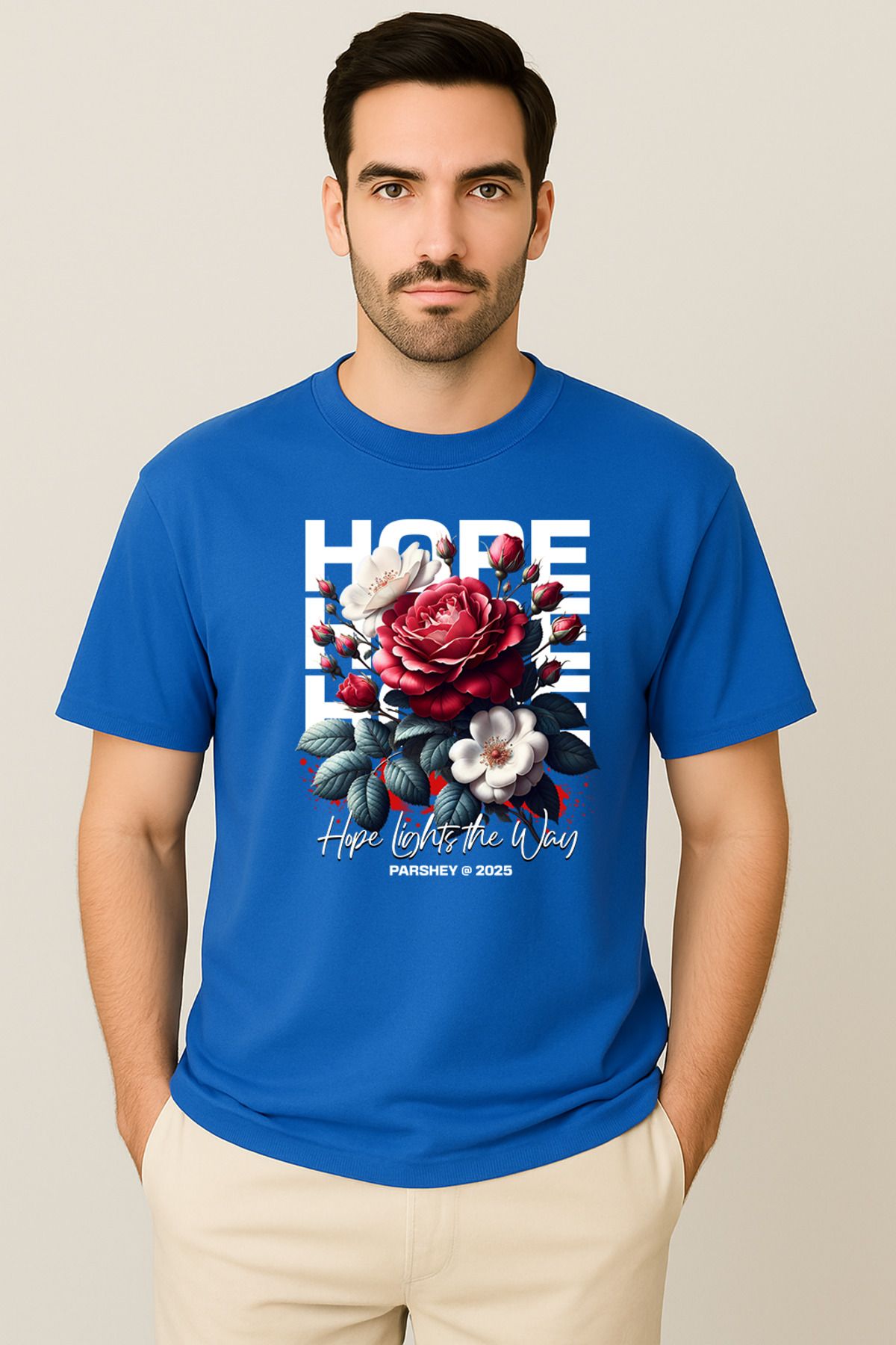 PARSHEY Erkek - Kadın %100 Pamuk Hope Gül Desenli Baskılı Yarım Kollu Bisiklet Yaka T-Shirt