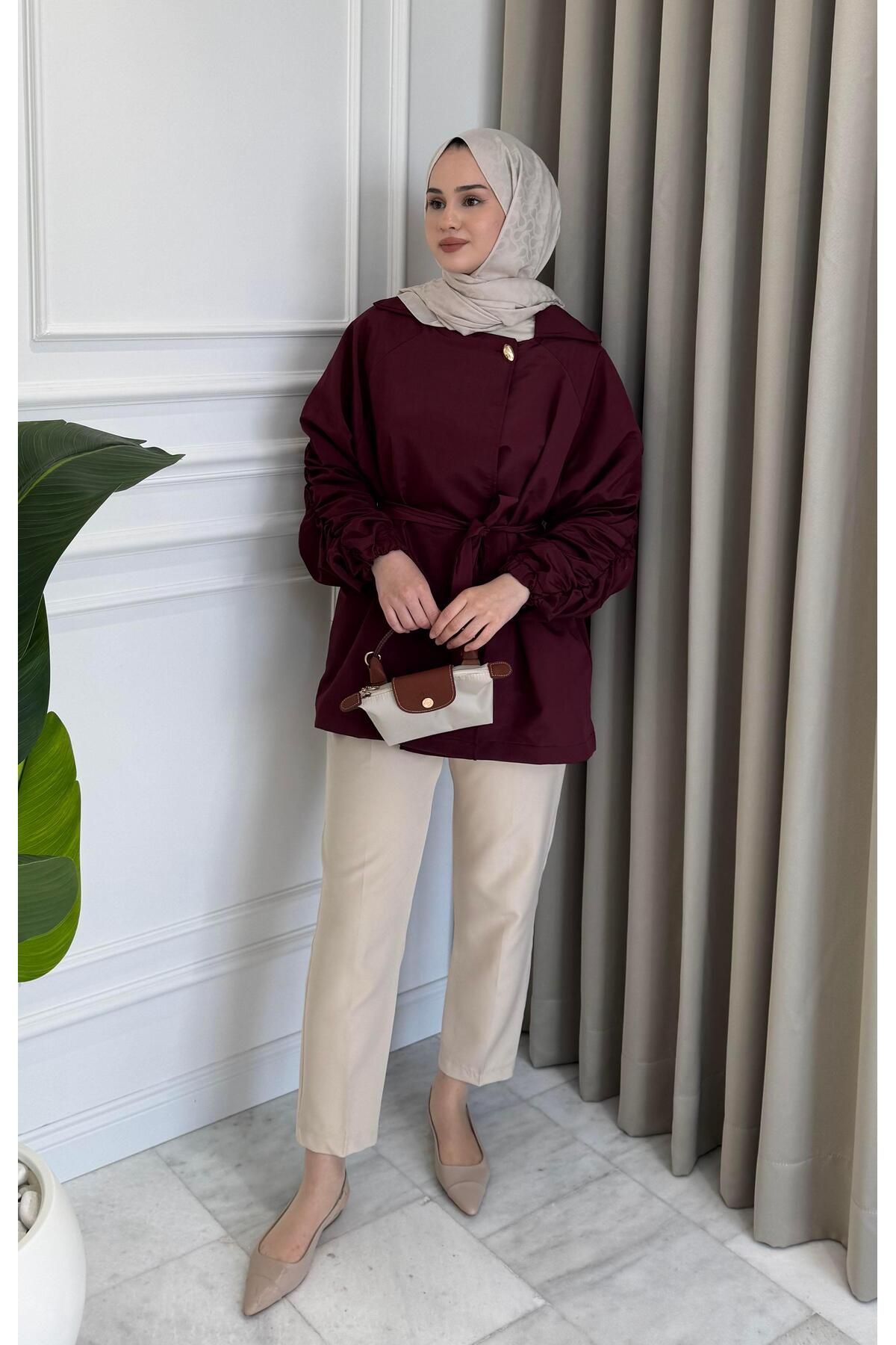 Beige Store Kol ve Sırt Büzgülü Ceket Bordo