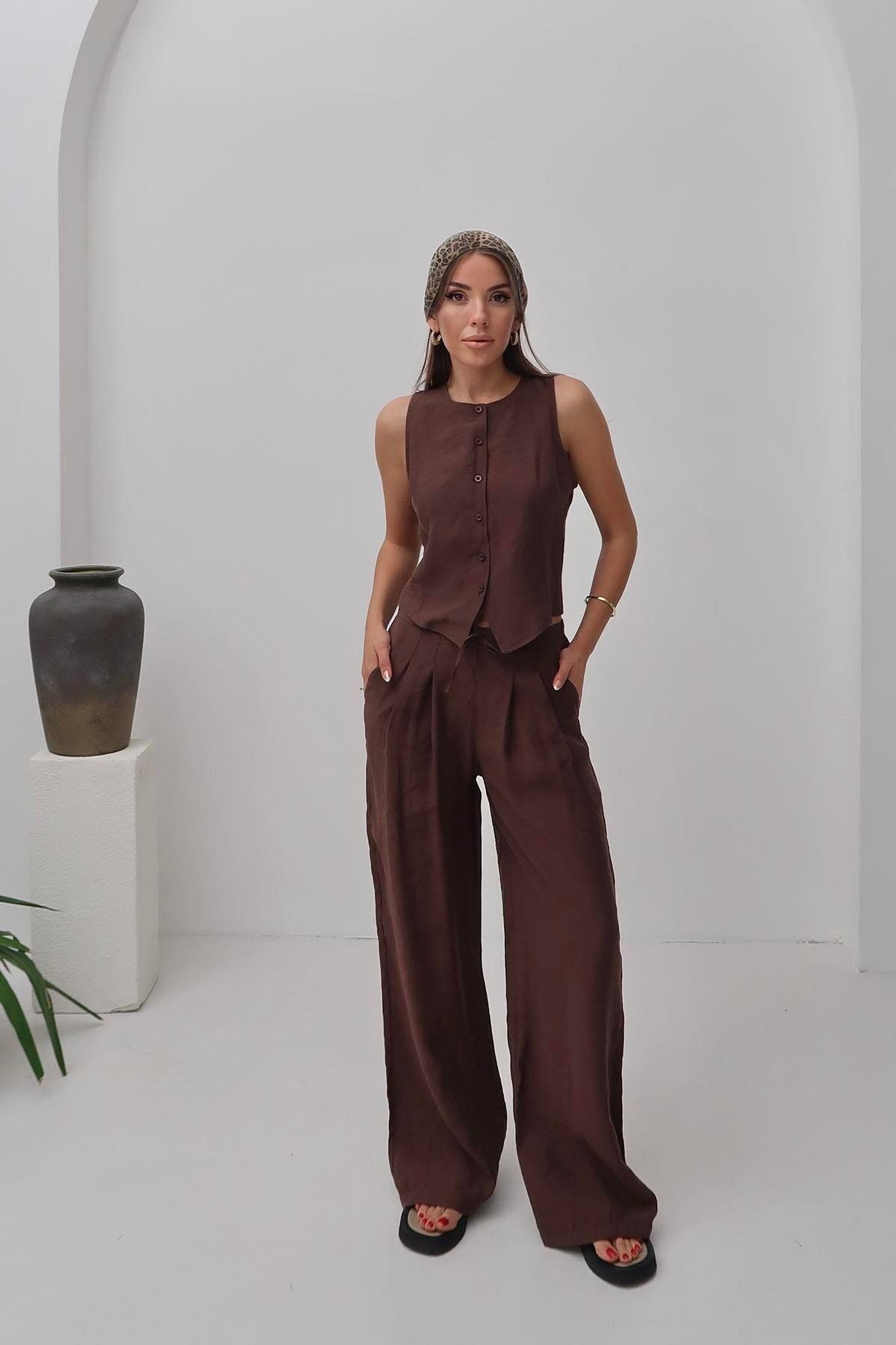 Moda cameo Mohinto Modal Kumaş Yelek Pantolon Takım Kiremit