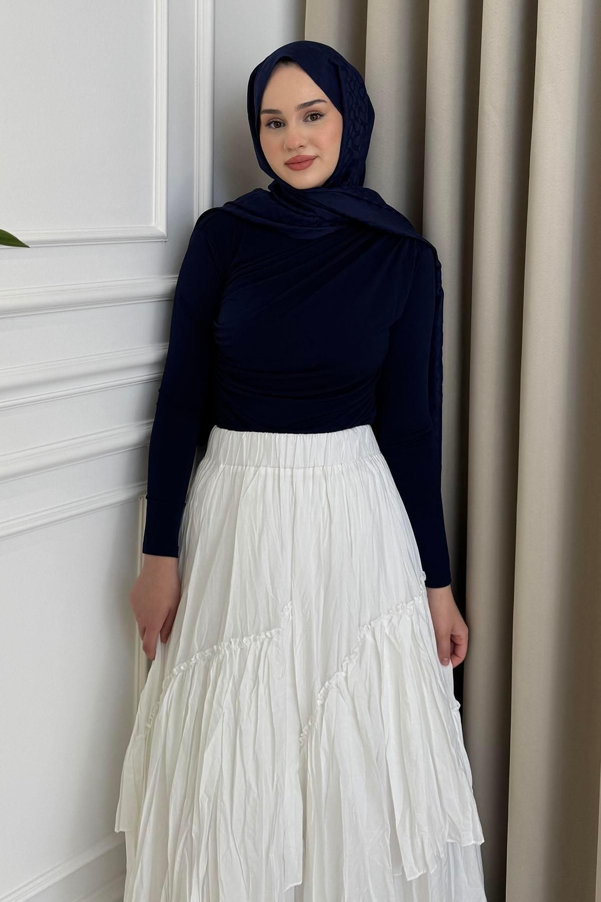 Beige Store Drape Bluz Lacivert