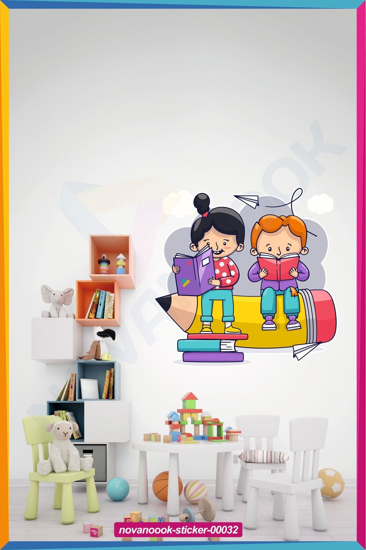 GSticker Çocuk Odası Anaokulu Kreş Kitap Okuma Duvar Sticker Seti Etiket