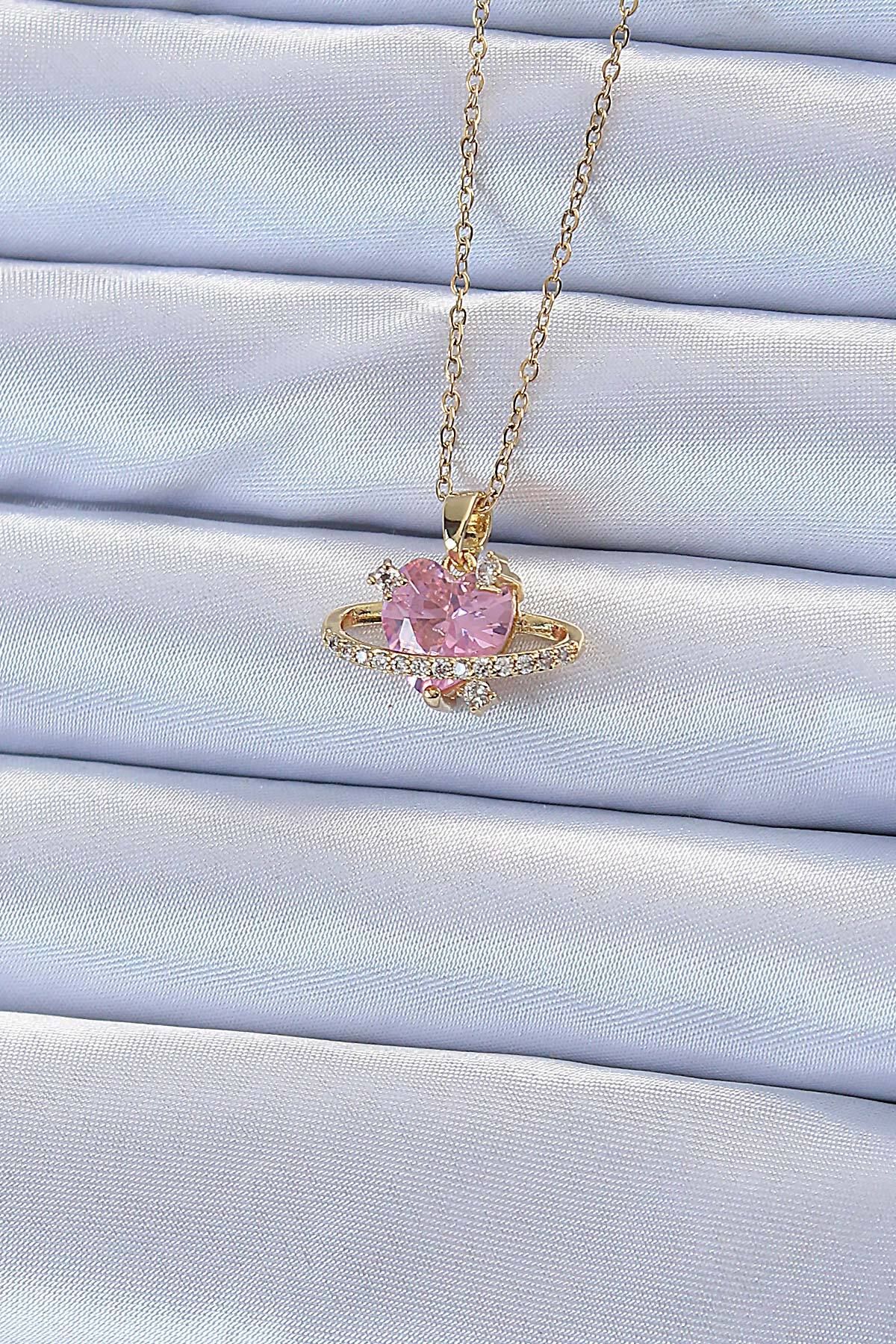 Angel Of Life 316L Çelik Zincir Altın Renk Pembe Zirkon Taşlı Satürn Görünümlü Kalp Kolye - TJ-BKO9220
