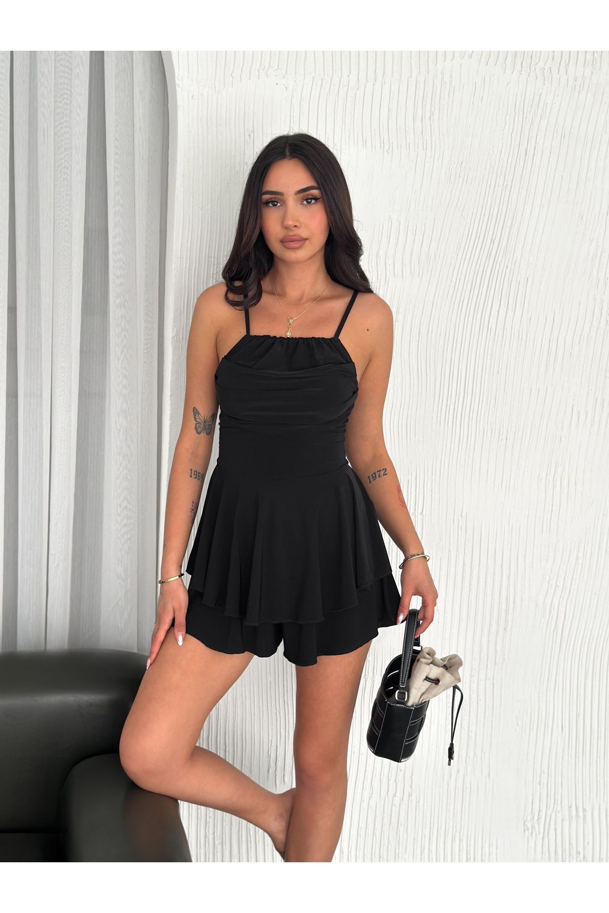 OKSHEN Şortlu Askılı Mini Elbise