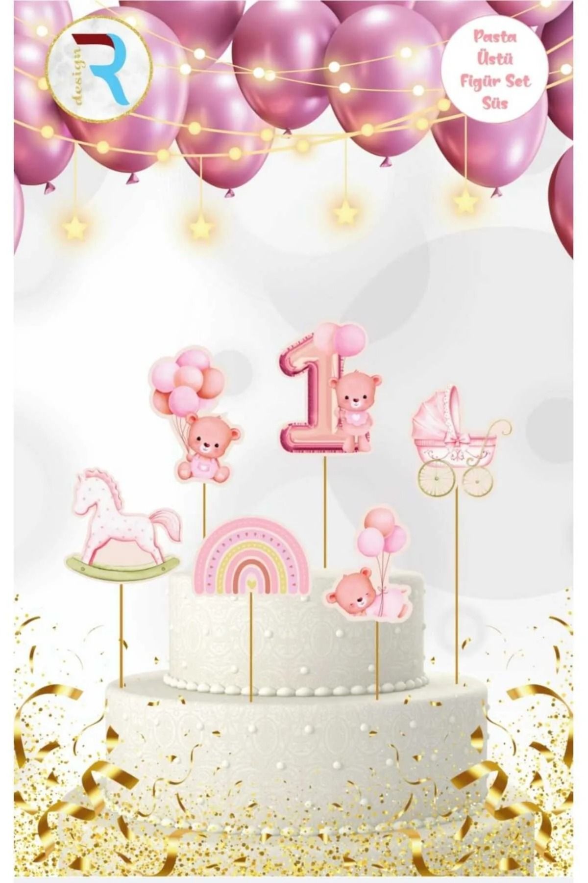 asöy Pasta süsü 1 yaş One Pasta süsü Pembe 6 Adet Figür Ayıcık Balon Figür Kürdan Pasta Süsü Cake Topper