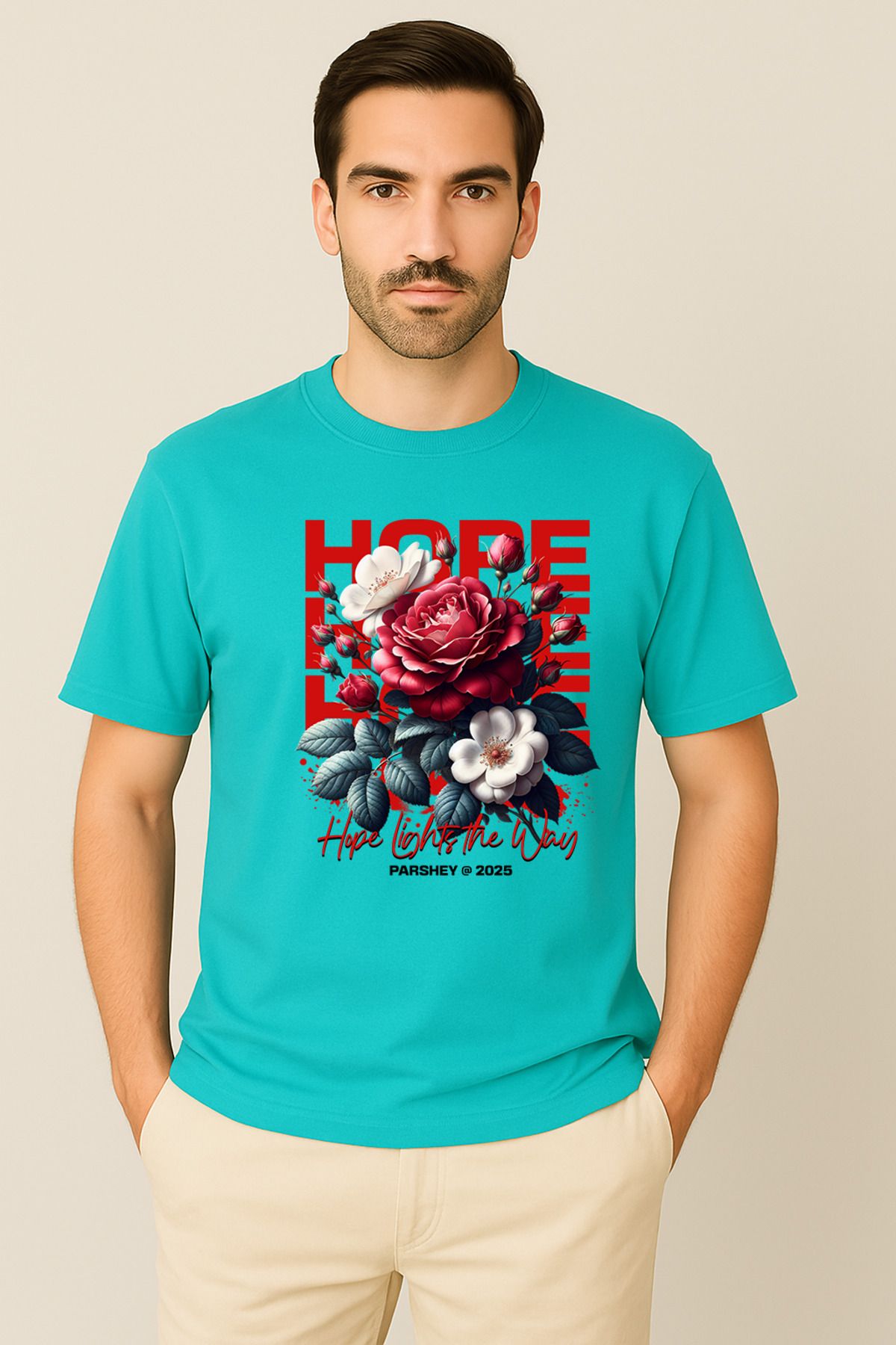 PARSHEY Erkek - Kadın %100 Pamuk Hope Gül Desenli Baskılı Yarım Kollu Bisiklet Yaka T-Shirt