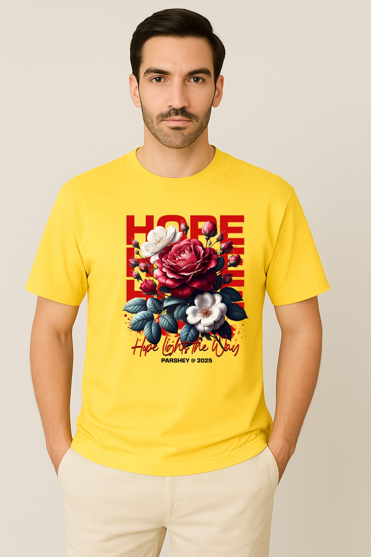 PARSHEY Erkek - Kadın %100 Pamuk Hope Gül Desenli Baskılı Yarım Kollu Bisiklet Yaka T-Shirt