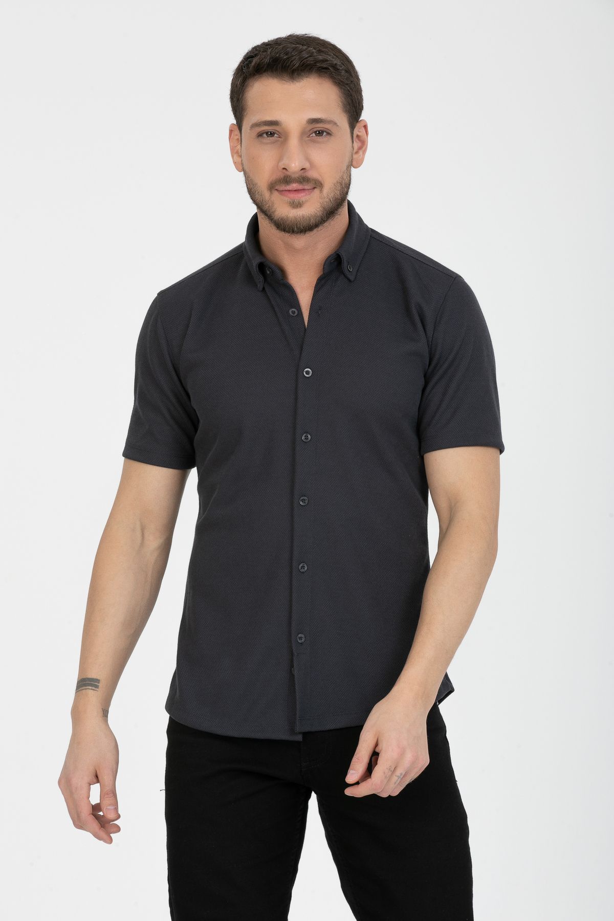 Klothy Erkek Kısa Kol Slim Fit Örme Gömlek 2588