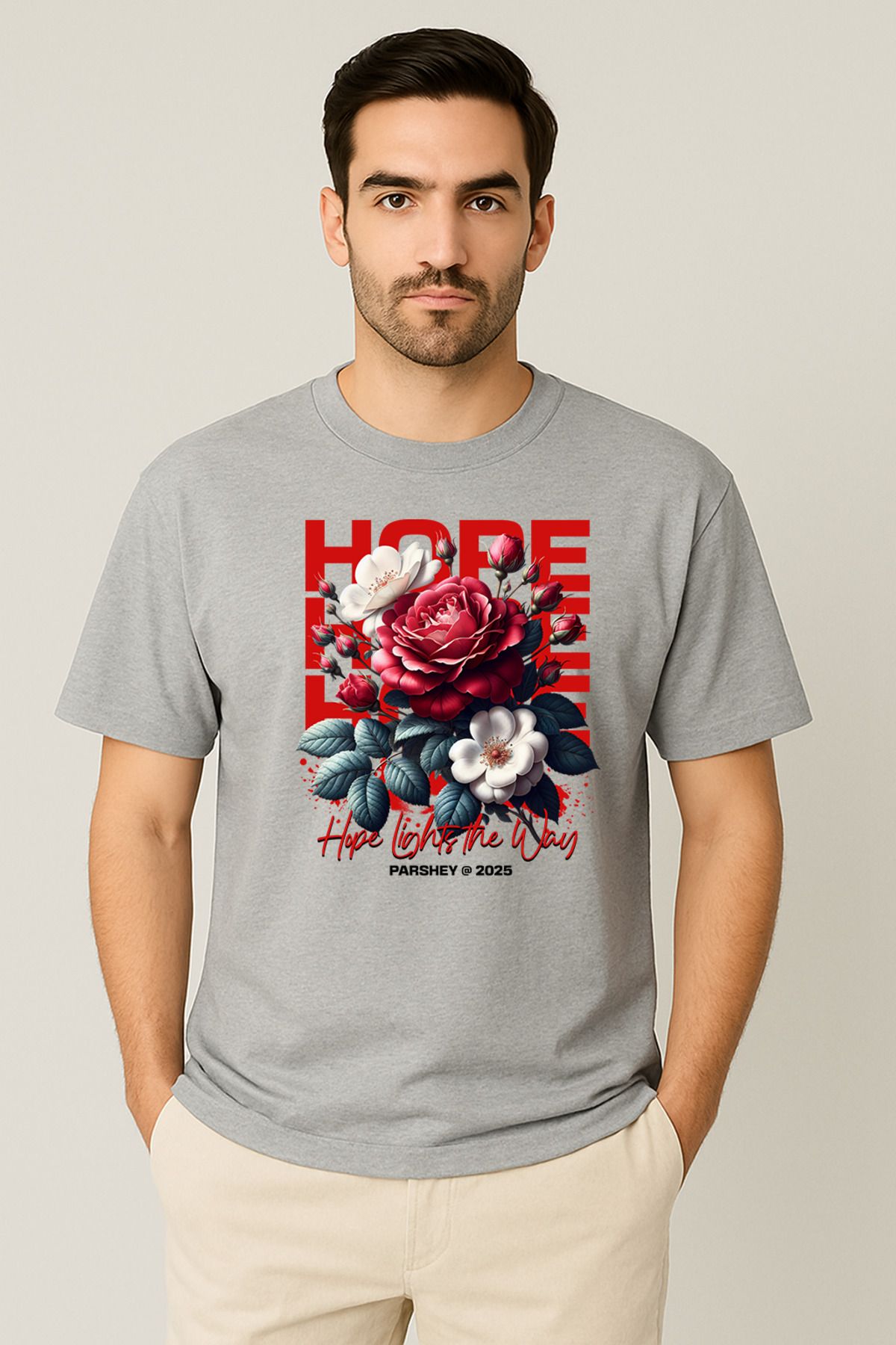 PARSHEY Erkek - Kadın %100 Pamuk Hope Gül Desenli Baskılı Yarım Kollu Bisiklet Yaka T-Shirt