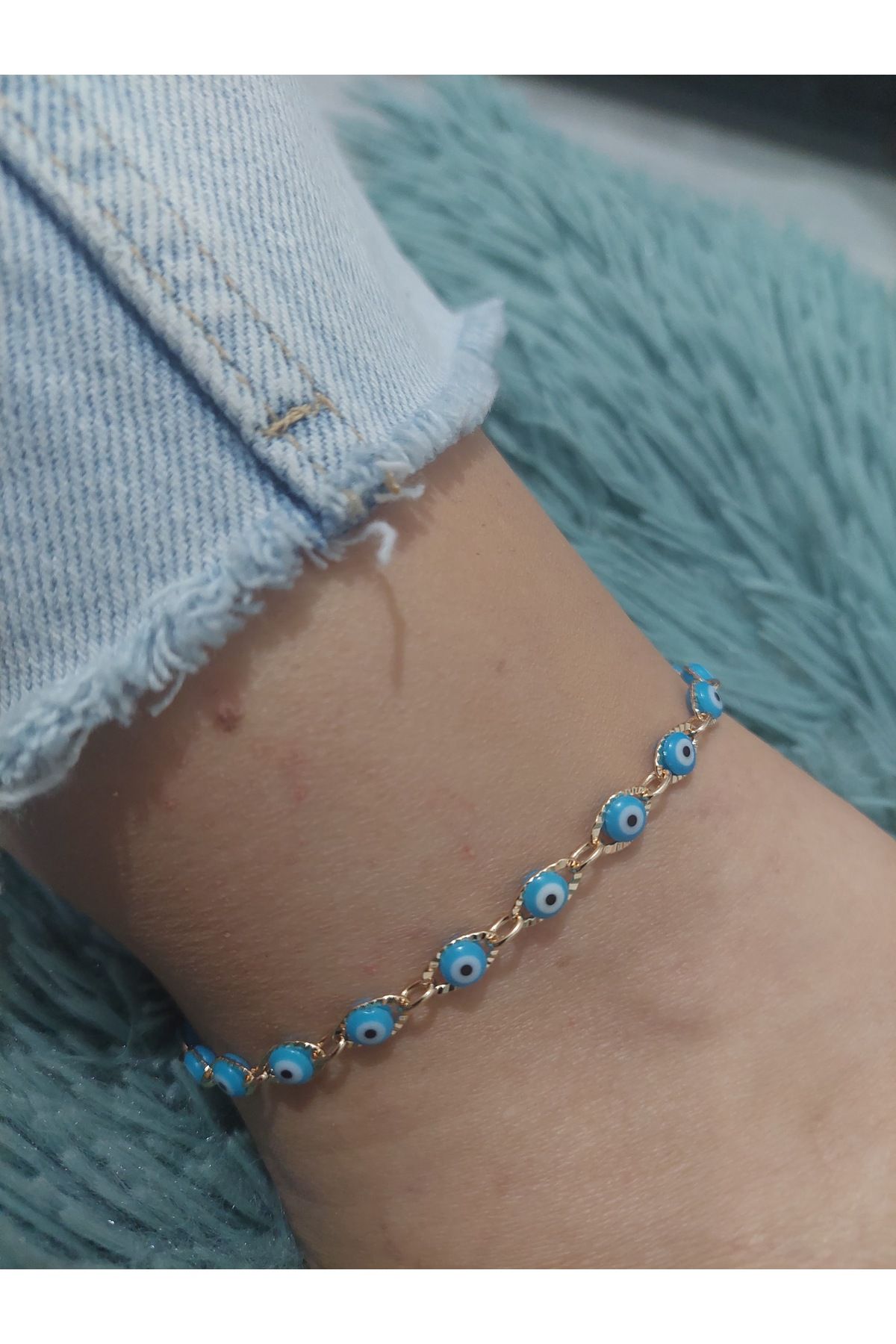 LUCKY ACCESSORIES Çelik Kararmaz Nazar Bomcuklu Turkuaz Halhal