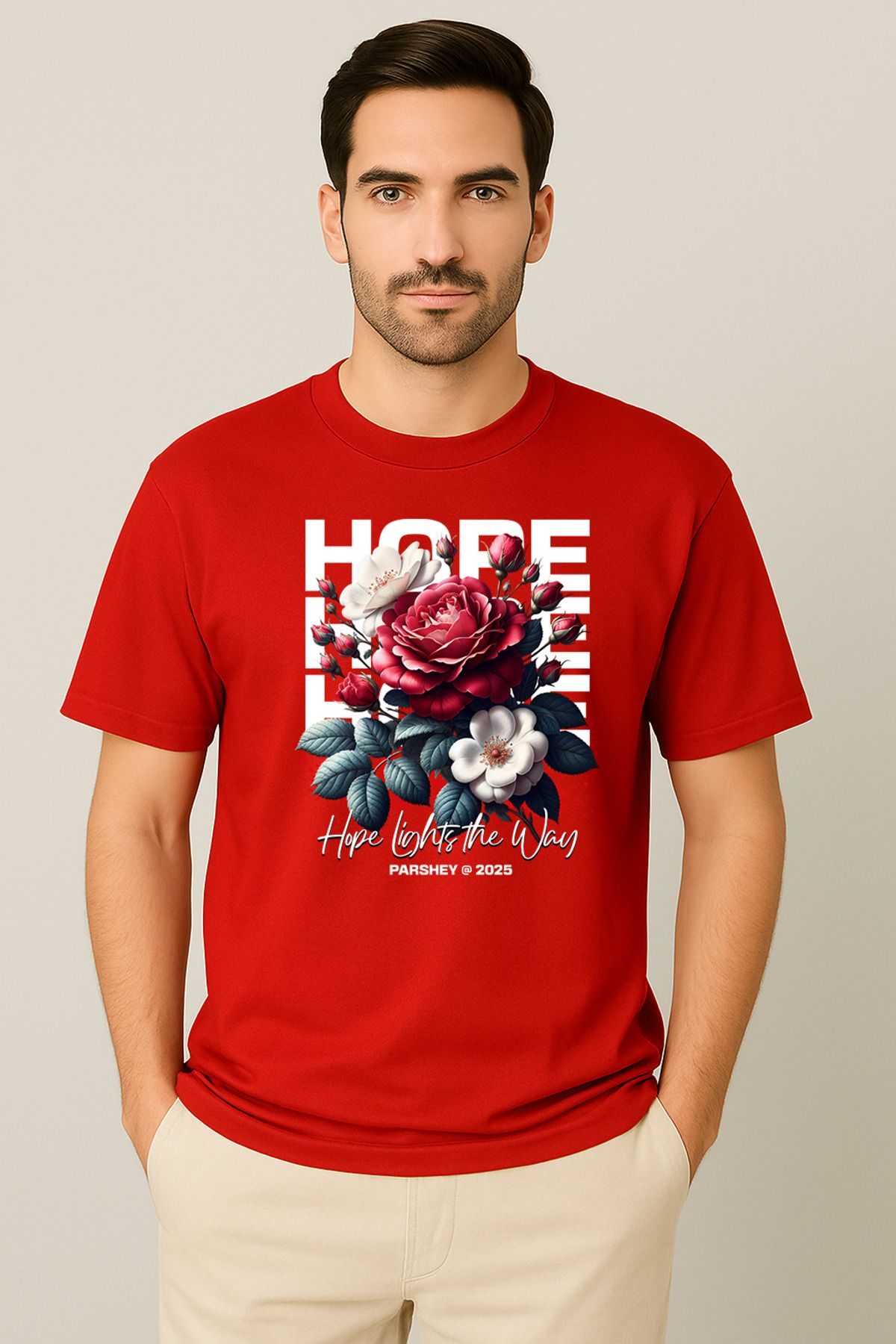 PARSHEY Erkek - Kadın %100 Pamuk Hope Gül Desenli Baskılı Yarım Kollu Bisiklet Yaka T-Shirt