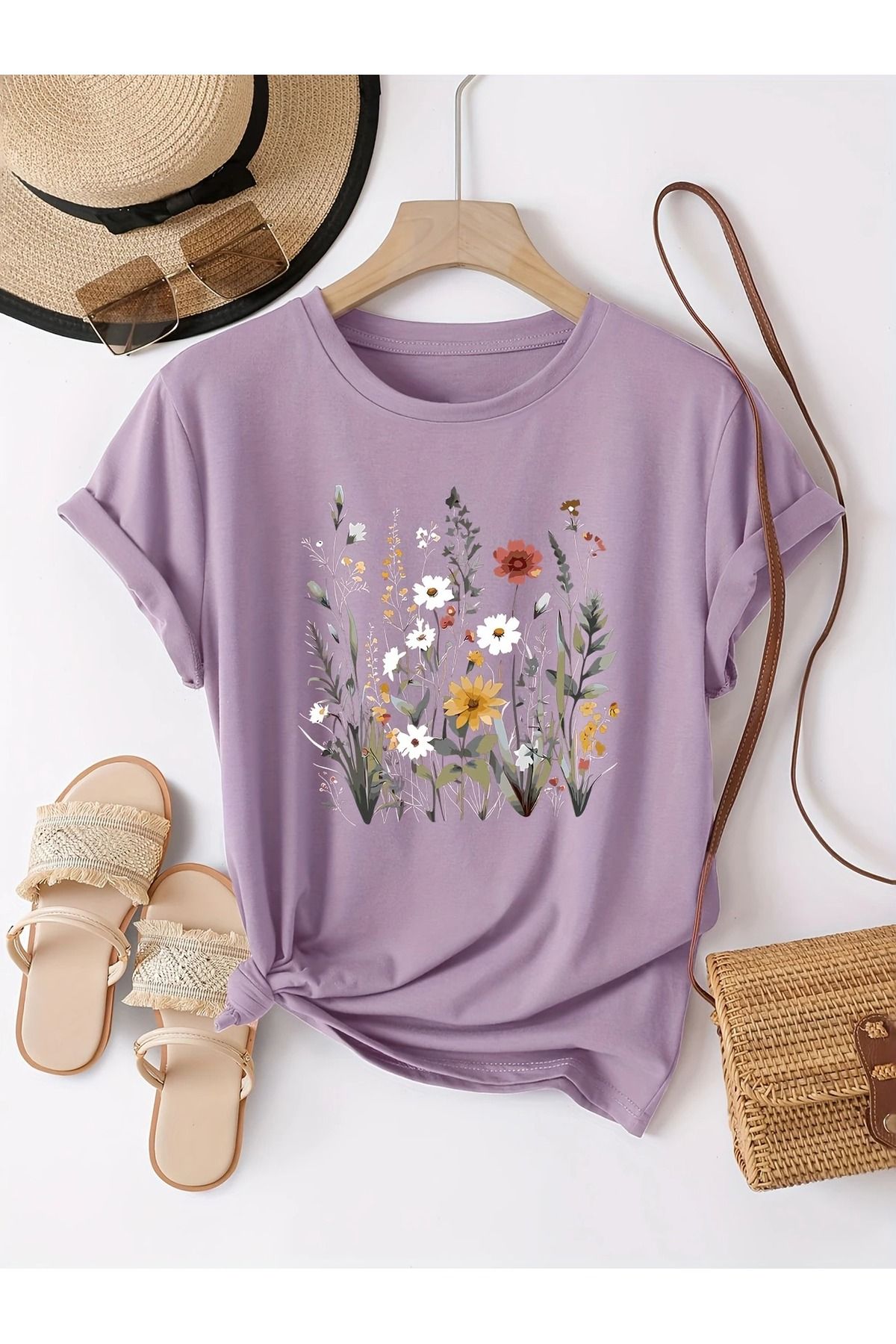 PALPİTO Kadın Lila Fidanlar Baskılı Oversize T-Shirt
